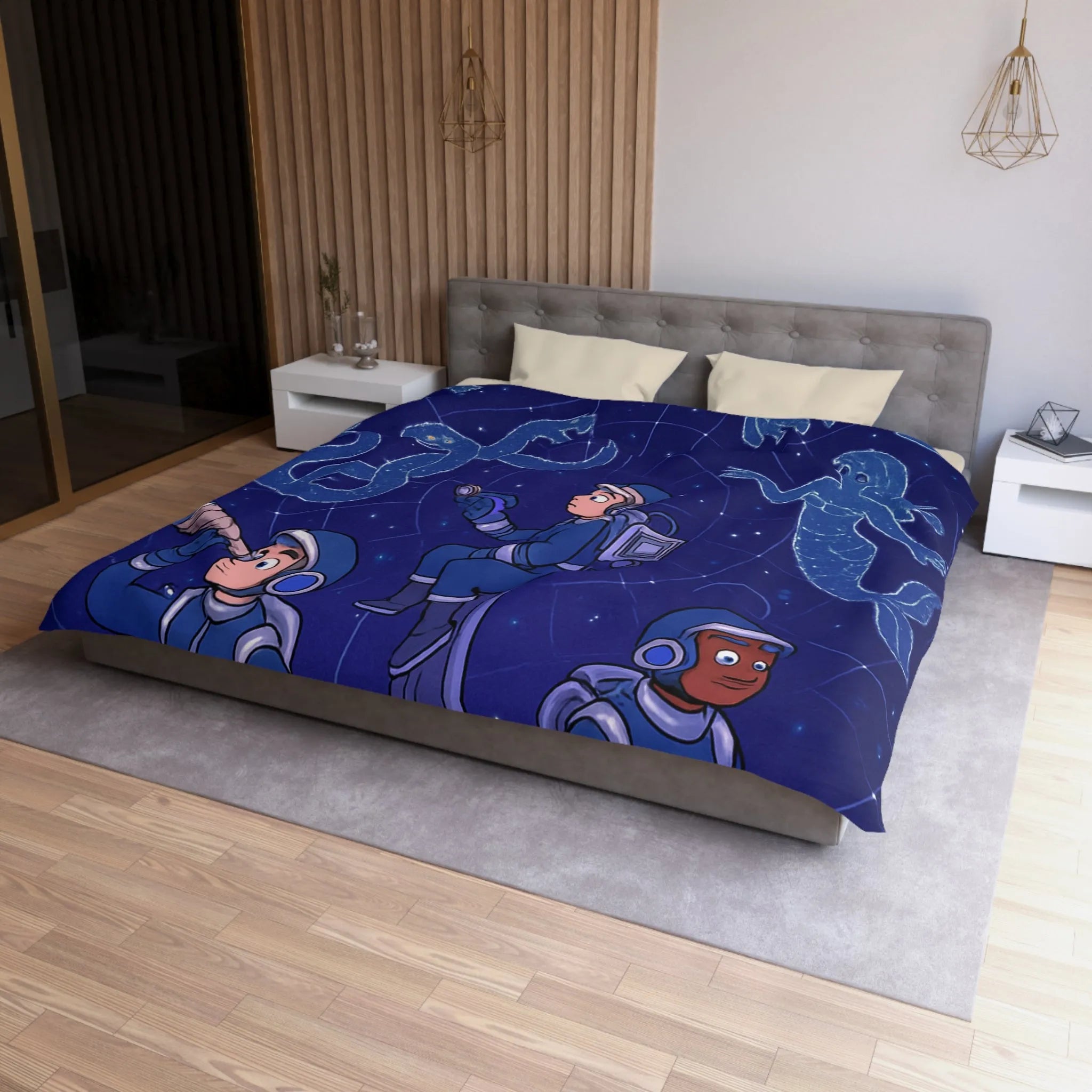 Housse de couette espace enfants avec constellations magiques dragons et sirène.