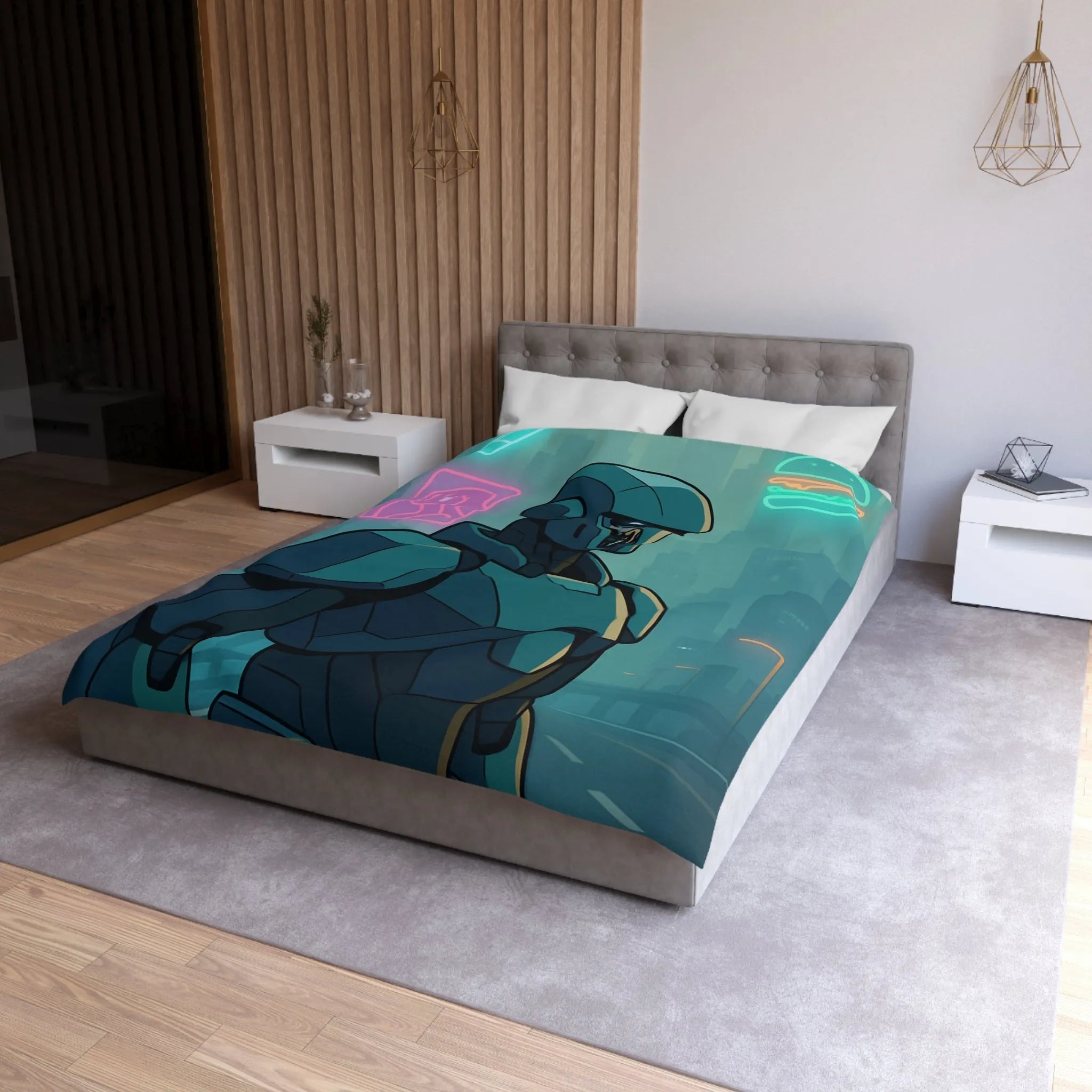 Futuristic Dystopian Cityscape with Neon Lights and Robotic Figure for Bedding Decor