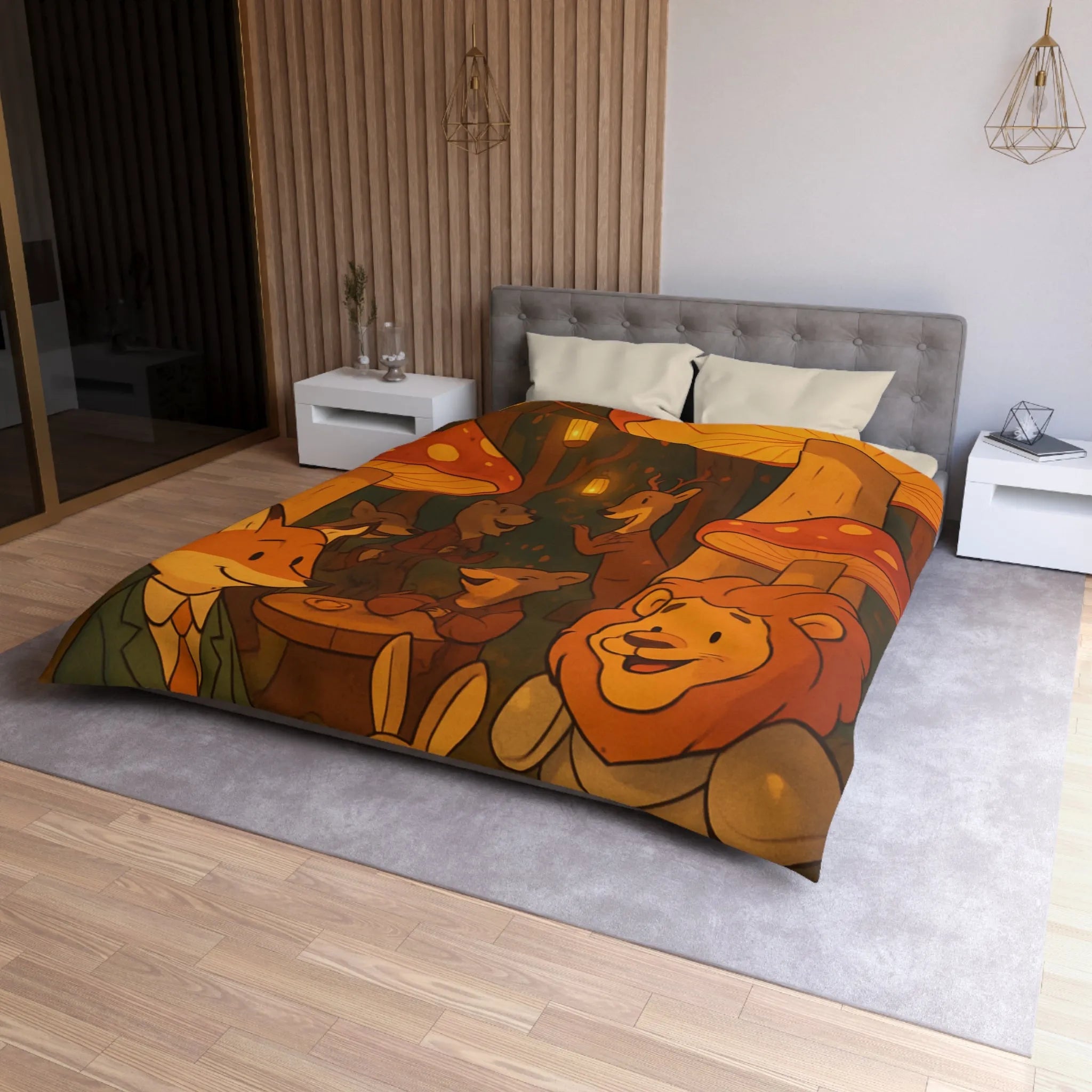 Housse de couette enchantée avec animaux sous champignons géants dans une forêt magique