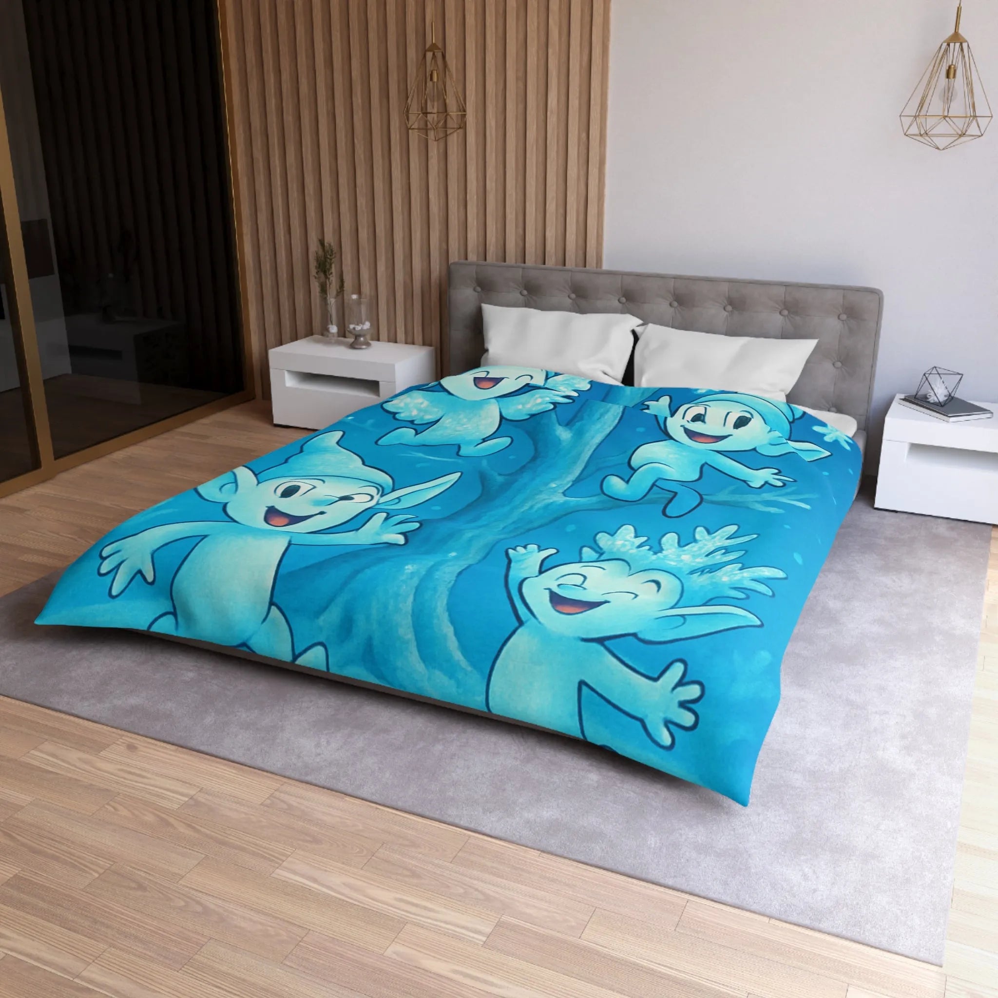 Housse de couette féerique avec lutins bleus dans forêt enchantée hivernale et magique