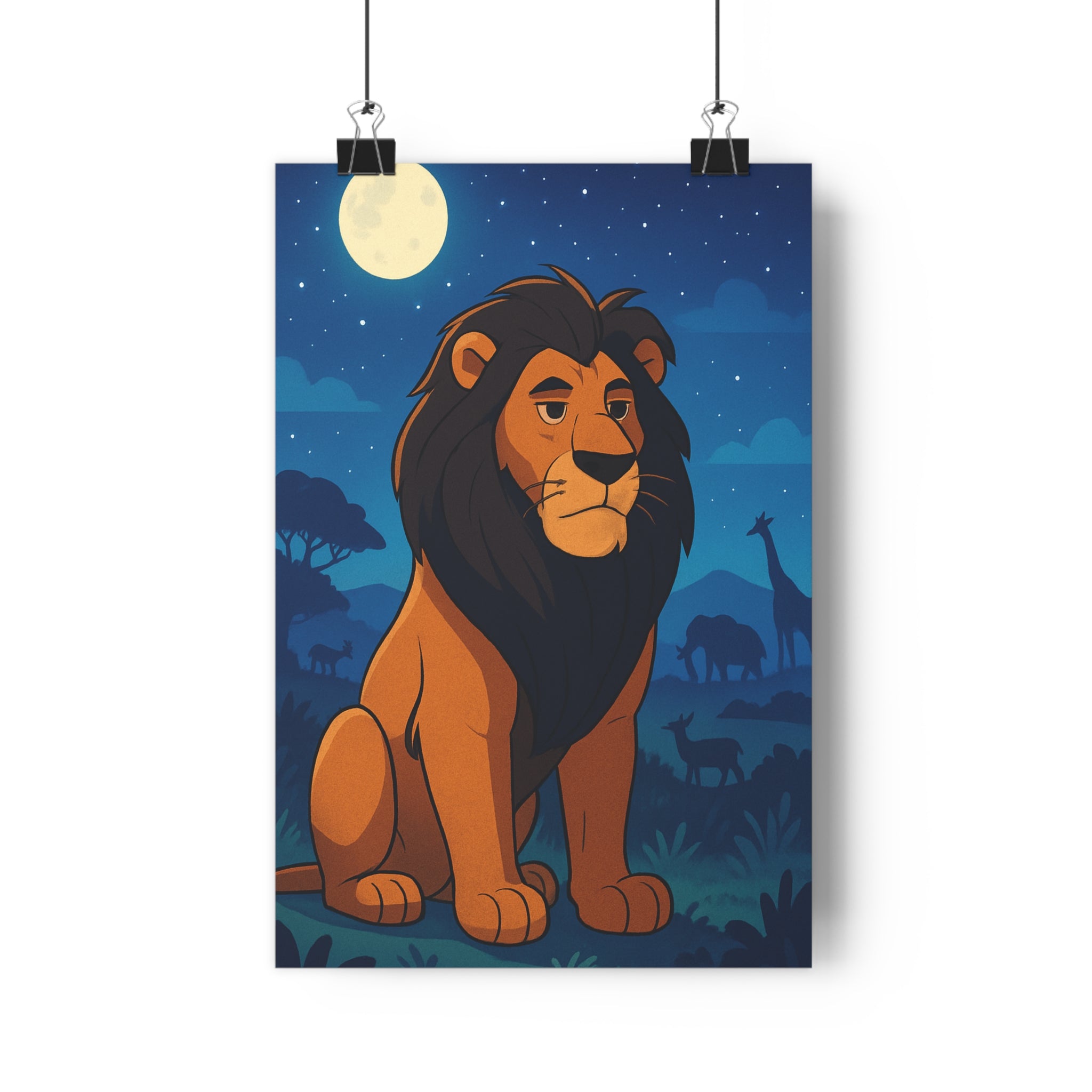 Poster décoratif cartoon lion bleu argenté nuit mystique nature sauvage chambre salon tendance unique
