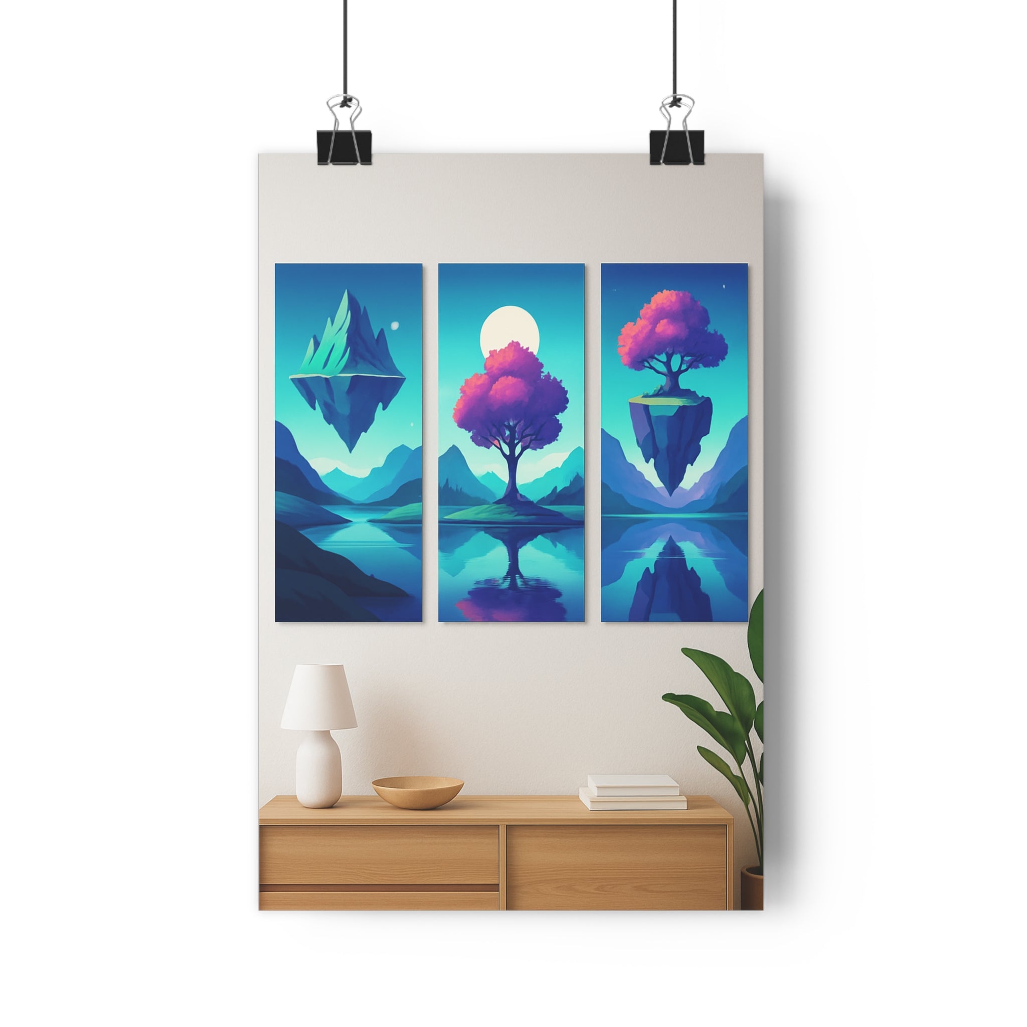 Poster décoratif surréaliste minimaliste coloré paysage montagne arbre lune salon design élégant qualité premium