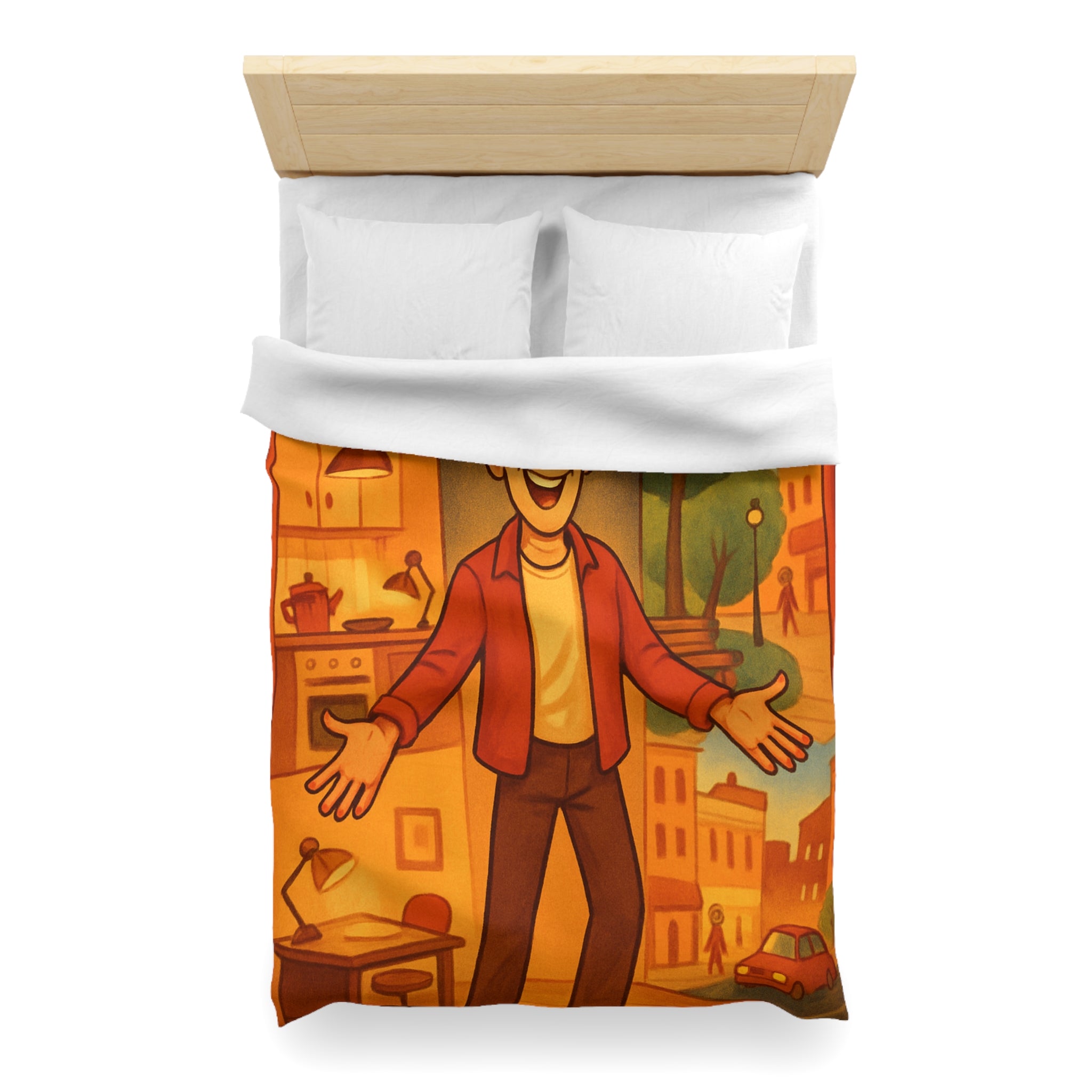 Housse de Couette Théâtrale avec Scène d'Intérieur et Extérieur Ville Colorée