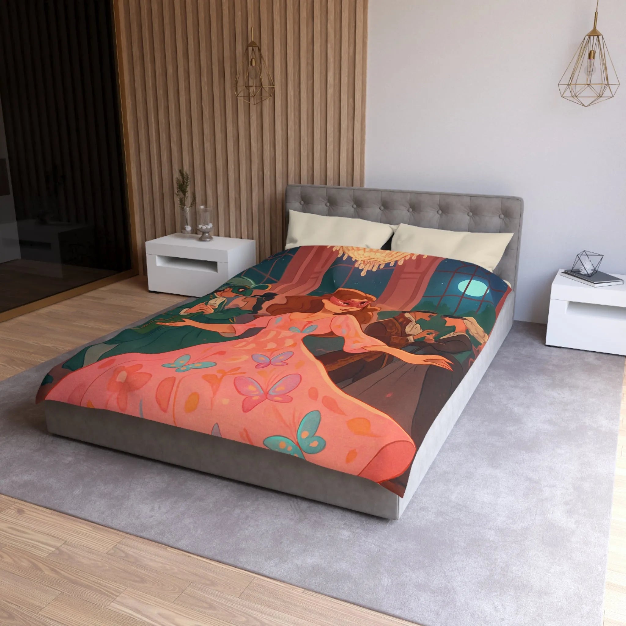 Housse de Couette Élégante avec Femmes Masquées et Papillons dans Bal Éthéré