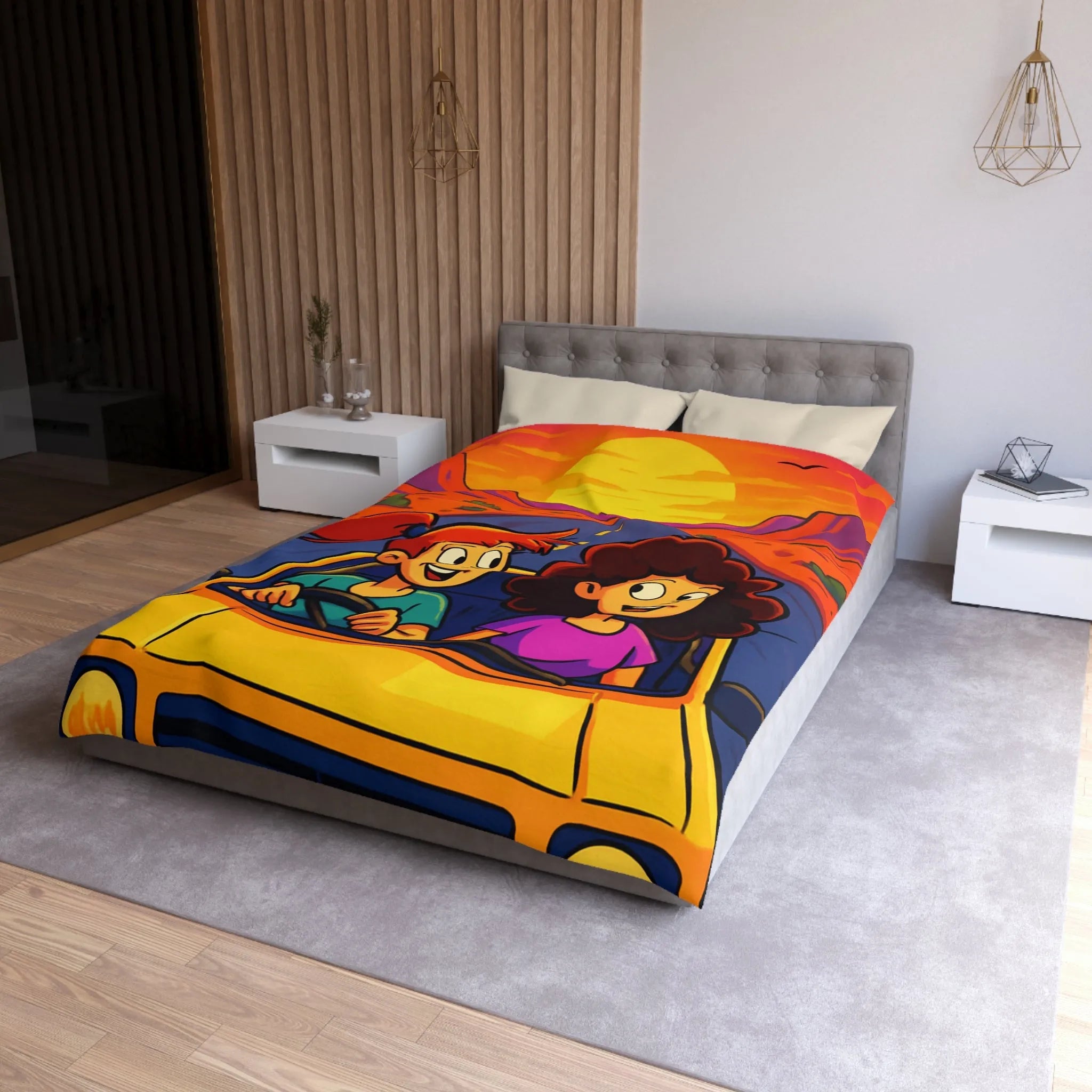 Housse de couette lumineuse pour enfants avec coucher de soleil animé en voiture joyeuse