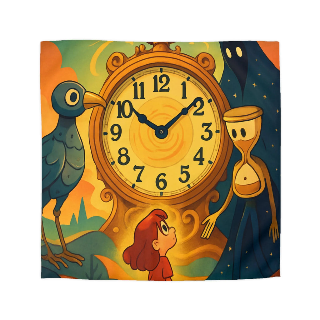 Housse de couette fantastique avec horloge magique et personnages mystérieux en illustration onirique