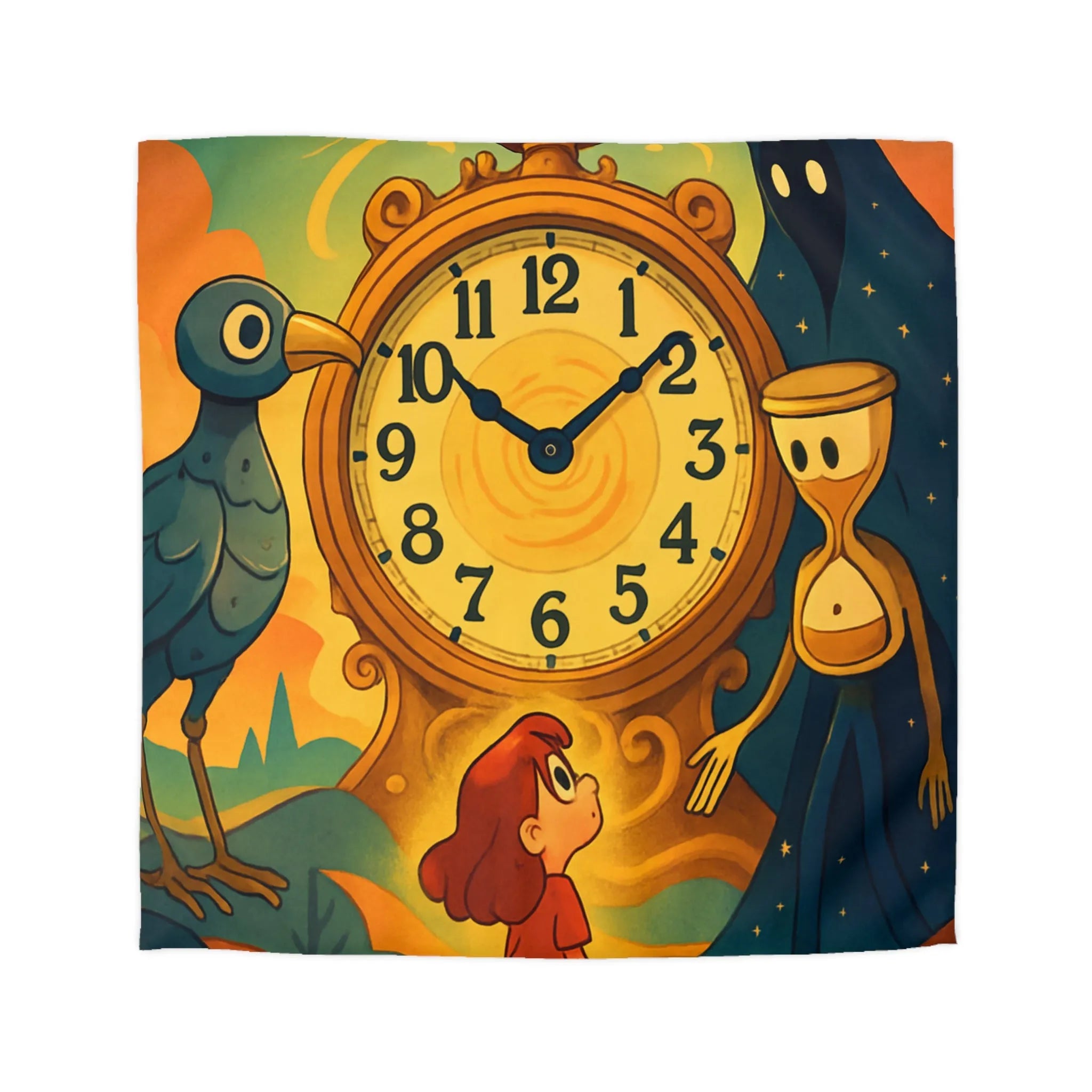 Housse de couette fantastique avec horloge magique et personnages mystérieux en illustration onirique