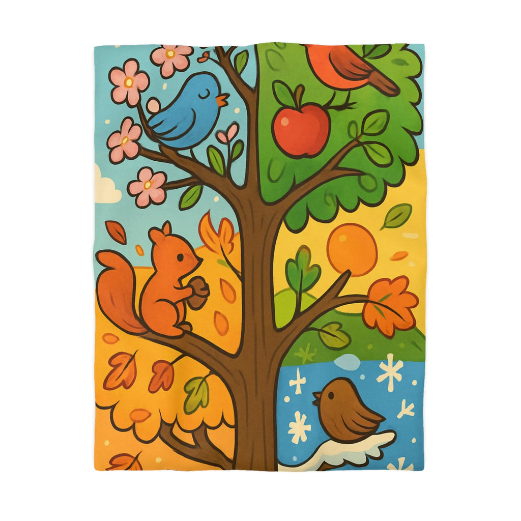 Housse de couette illustrée de l'arbre des quatre saisons avec nature et faune