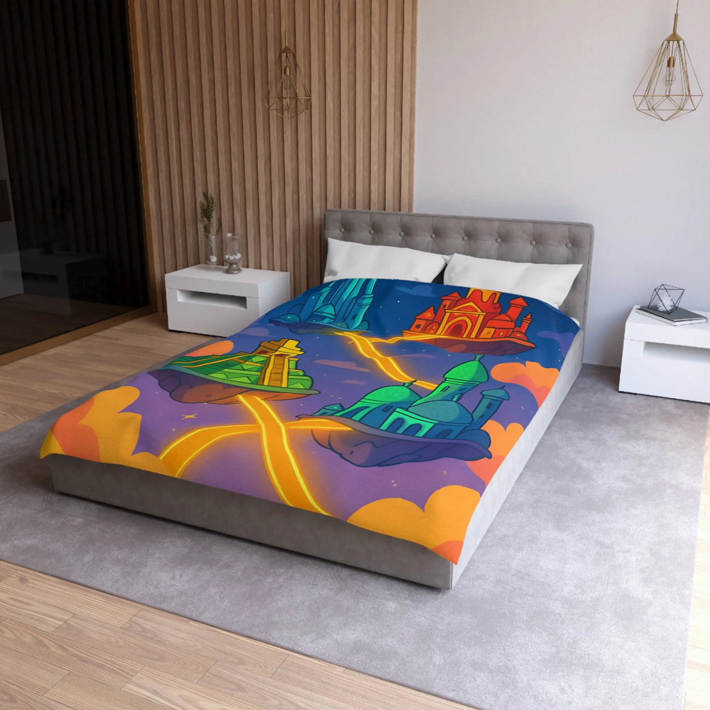 Housse de couette colorée avec design fantastique de villes flottantes lumineuses et oniriques