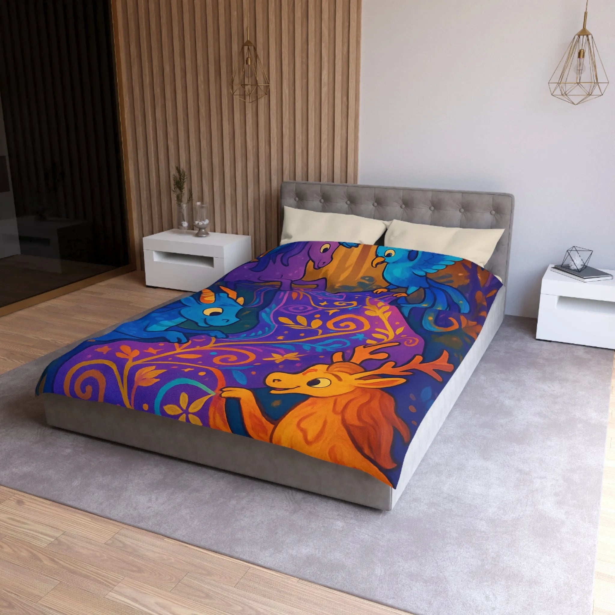 Housse de Couette Féérique Avec Créatures Magiques Colorées et Motif Floral Envoûtant