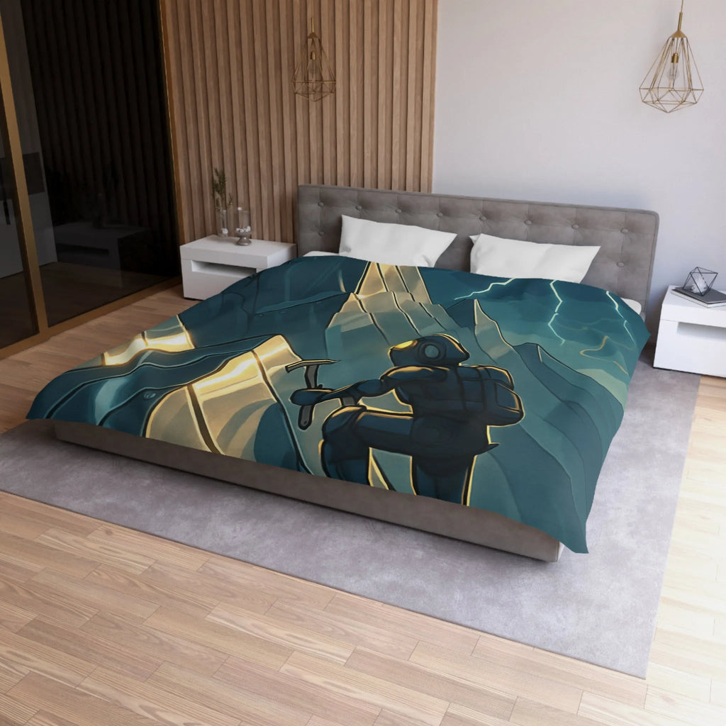 Housse de couette futuriste avec alpiniste et montagnes sous orage électrique