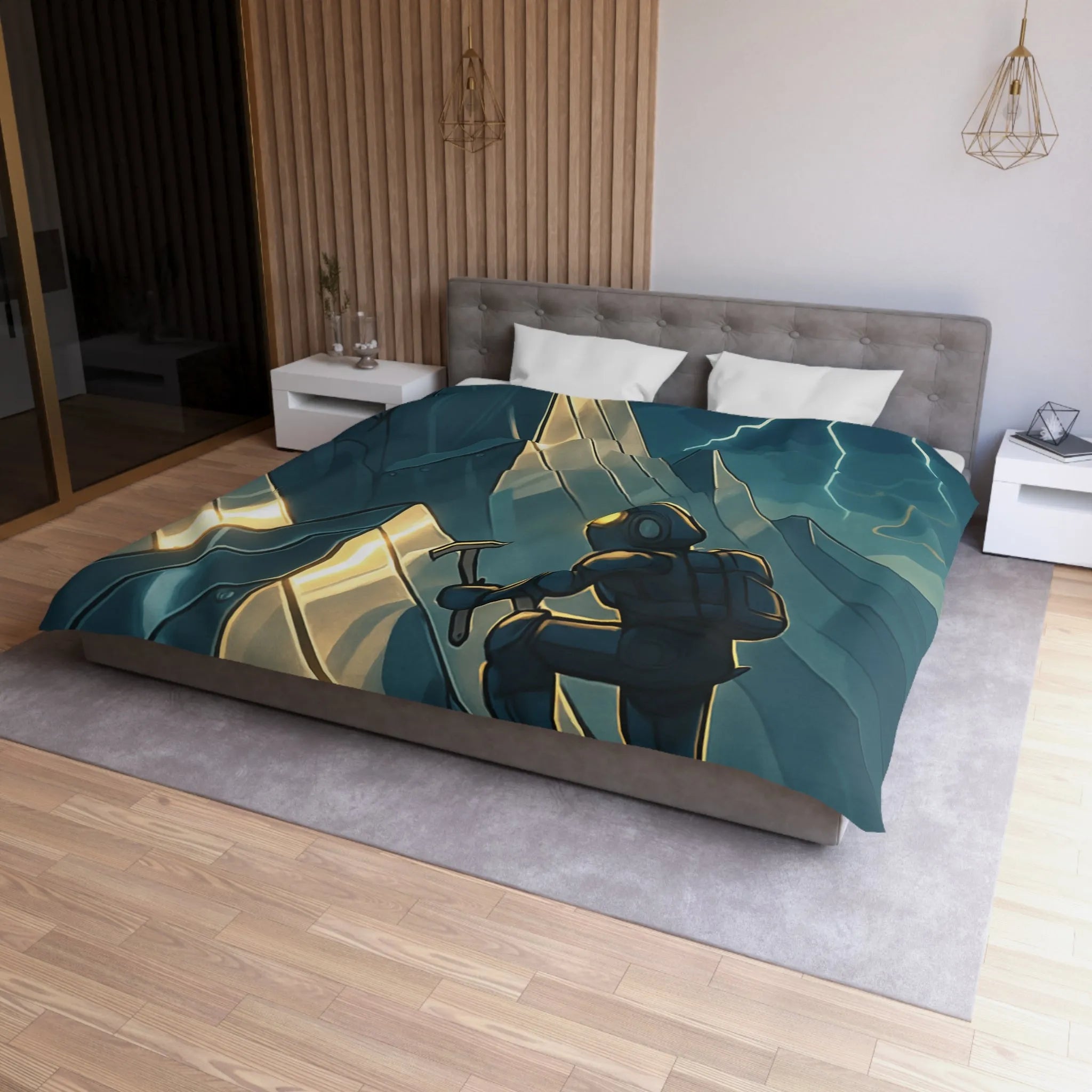 Housse de couette futuriste avec alpiniste et montagnes sous orage électrique
