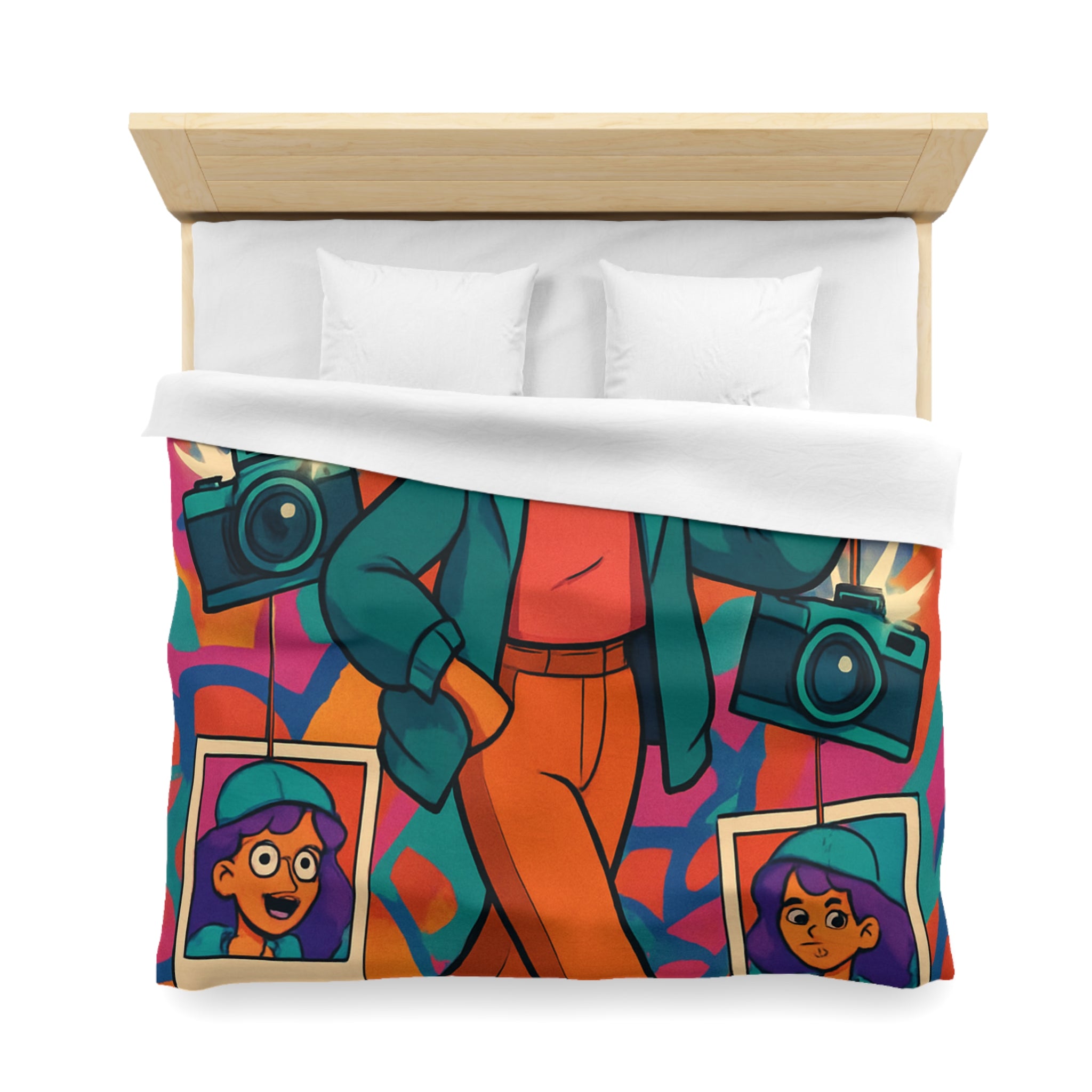 Housse de couette vivante avec personnage stylé marchant dans ambiance artistique colorée et ludique