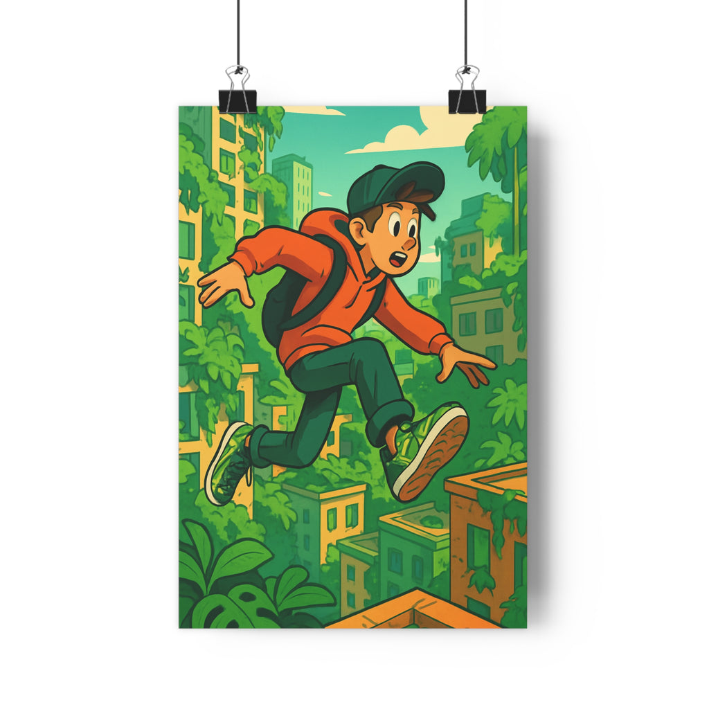 Poster décoratif moderne aventure jungle urbaine orange vert enfant chambre dynamique tendance qualité premium