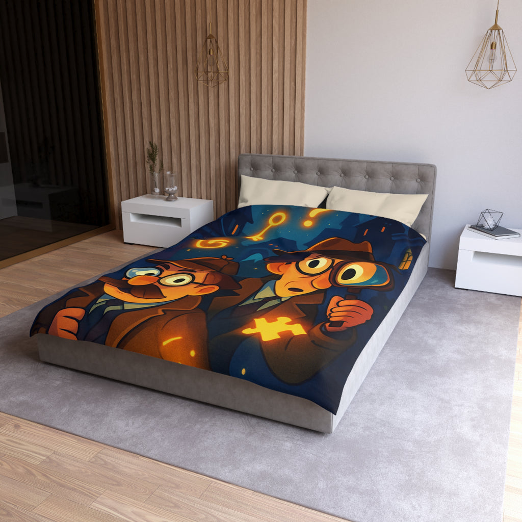 Housse de couette mystérieuse avec détectives sous un ciel étoilé, lunettes et loupe