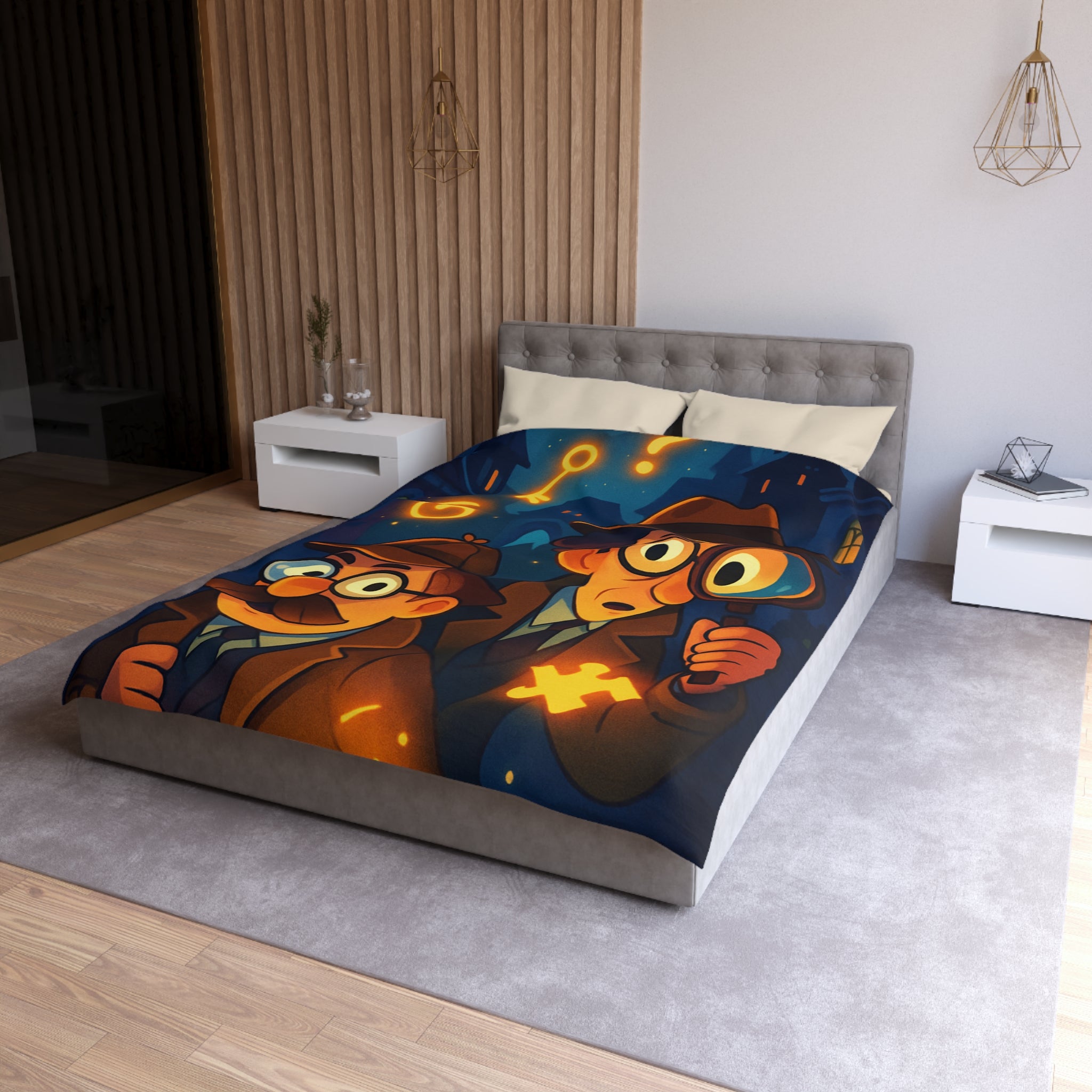 Housse de couette mystérieuse avec détectives sous un ciel étoilé, lunettes et loupe