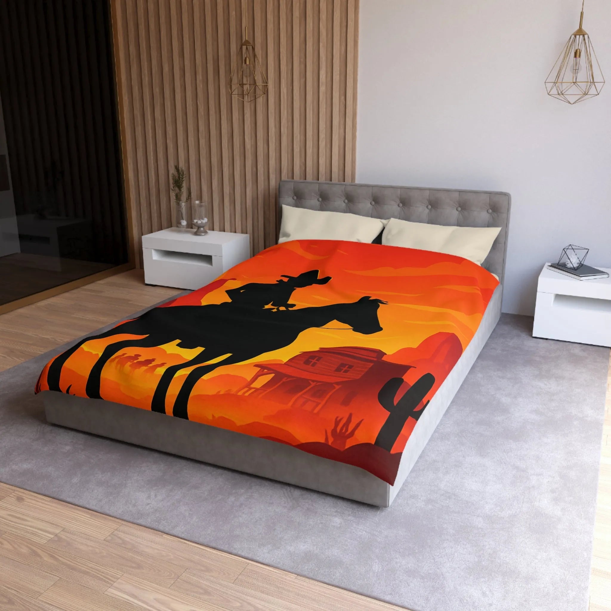 Housse de couette Far West cavalier cheval silhouette coucher de soleil scène désertique
