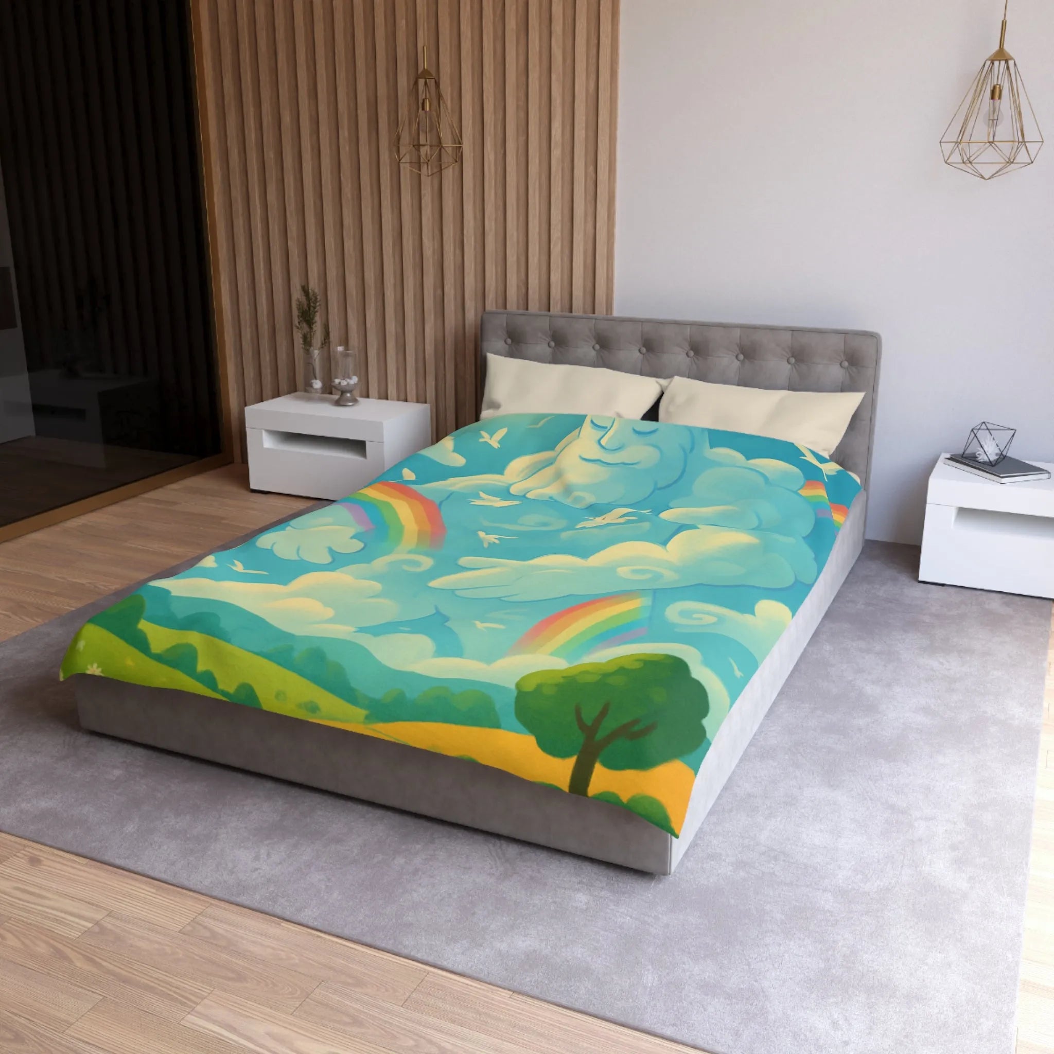 Housse de couette colorée nuageux avec ciel ensoleillé, arc-en-ciel et oiseaux blancs