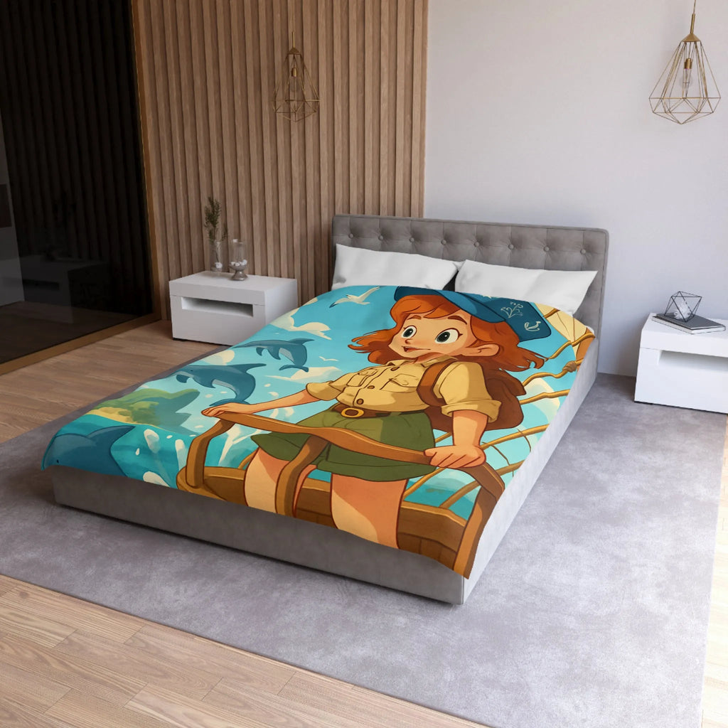 Housse de couette aventure nautique enfantine avec dauphins, voile et exploration marine animée