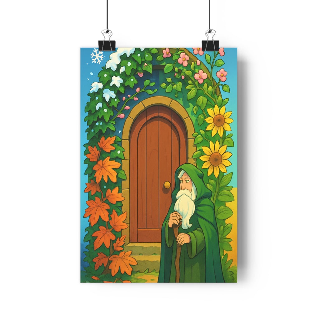 Poster décoratif cartoon vert orange mystique magique chambre salon enfant vibrant enchanteur saison couleurs