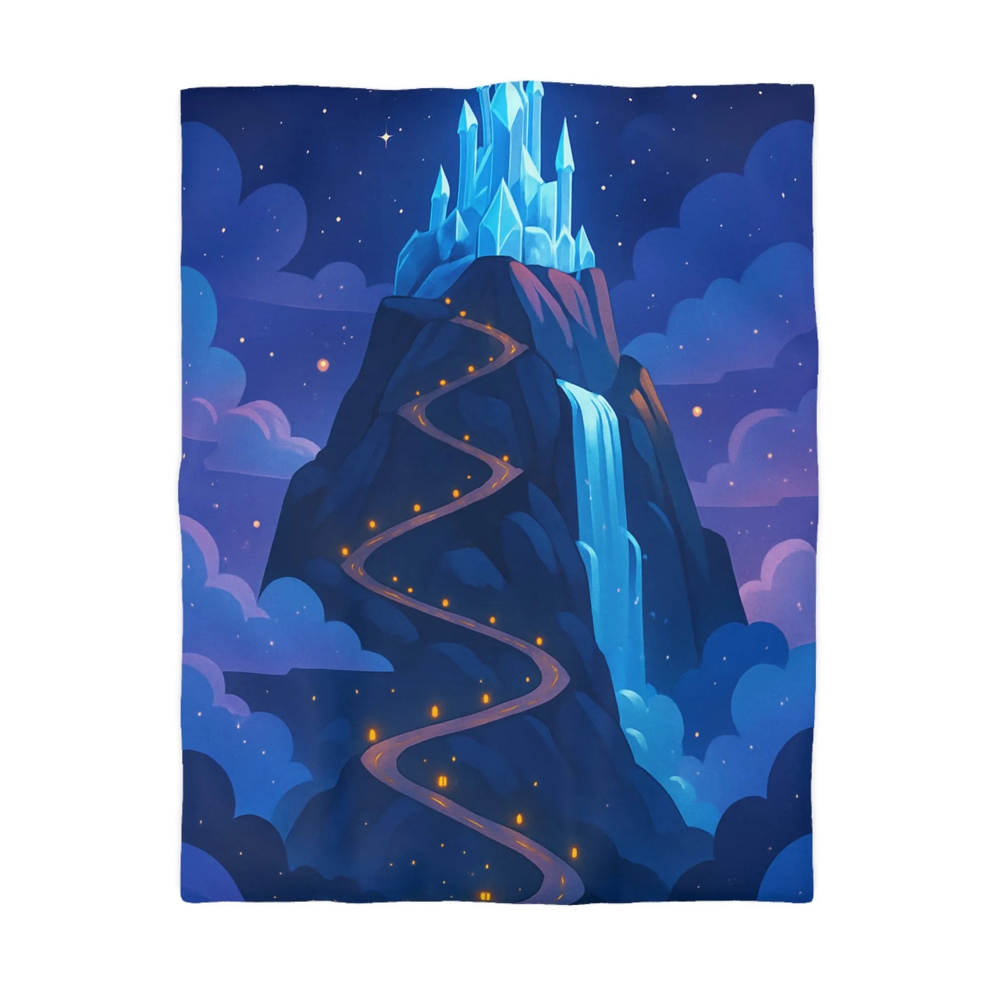 Housse de couette avec château glacé sur montagne illuminée sous ciel étoilé féerique