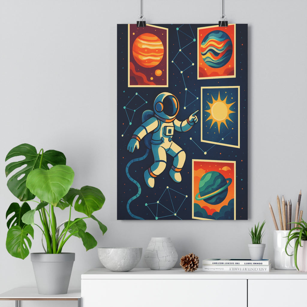 Poster décoratif cartoon astronaute spatial bleu orange mystique enfant chambre bureau 30x46 créatif futuriste