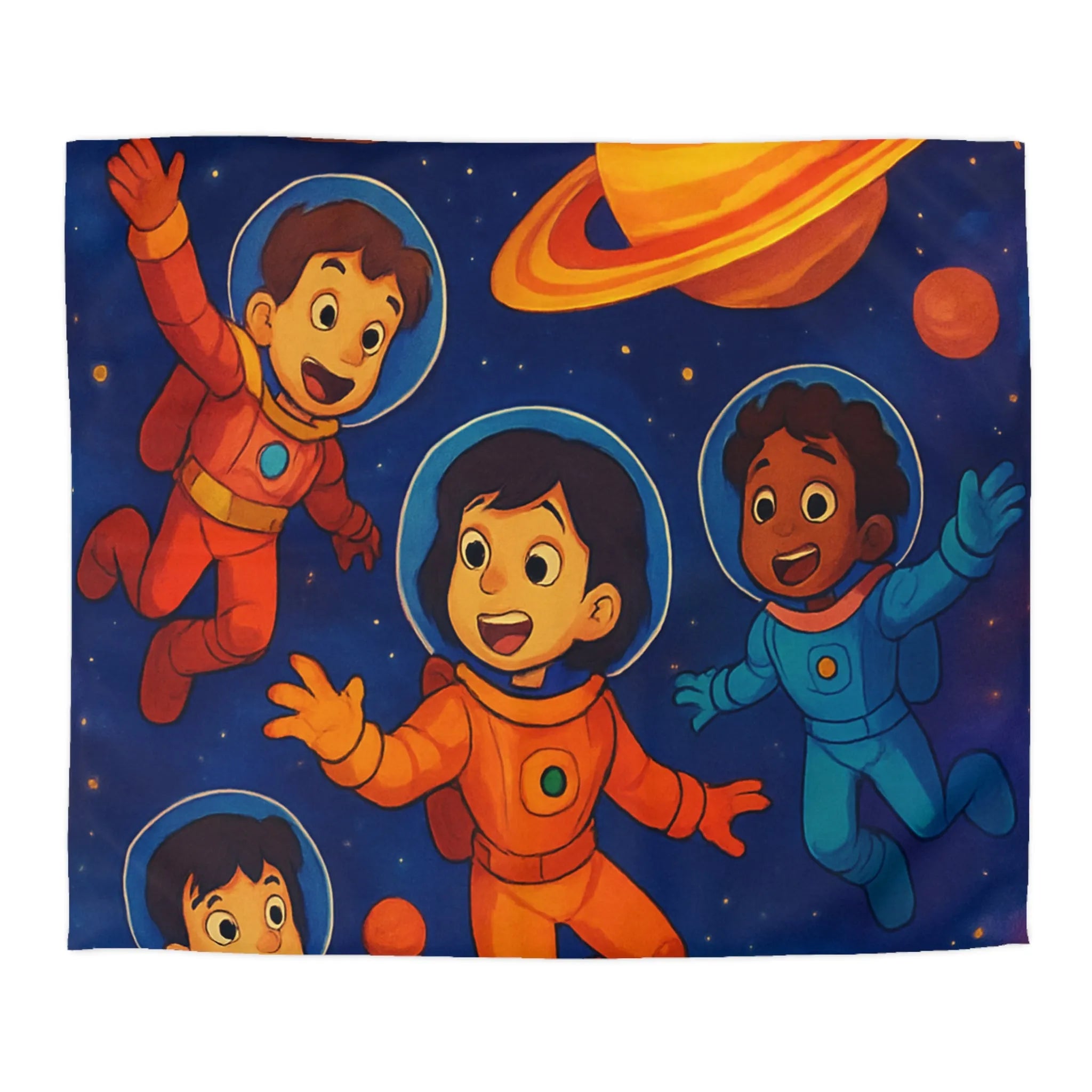 Housse de couette enfants avec astronautes joyeux flottant dans l'espace coloré et planètes