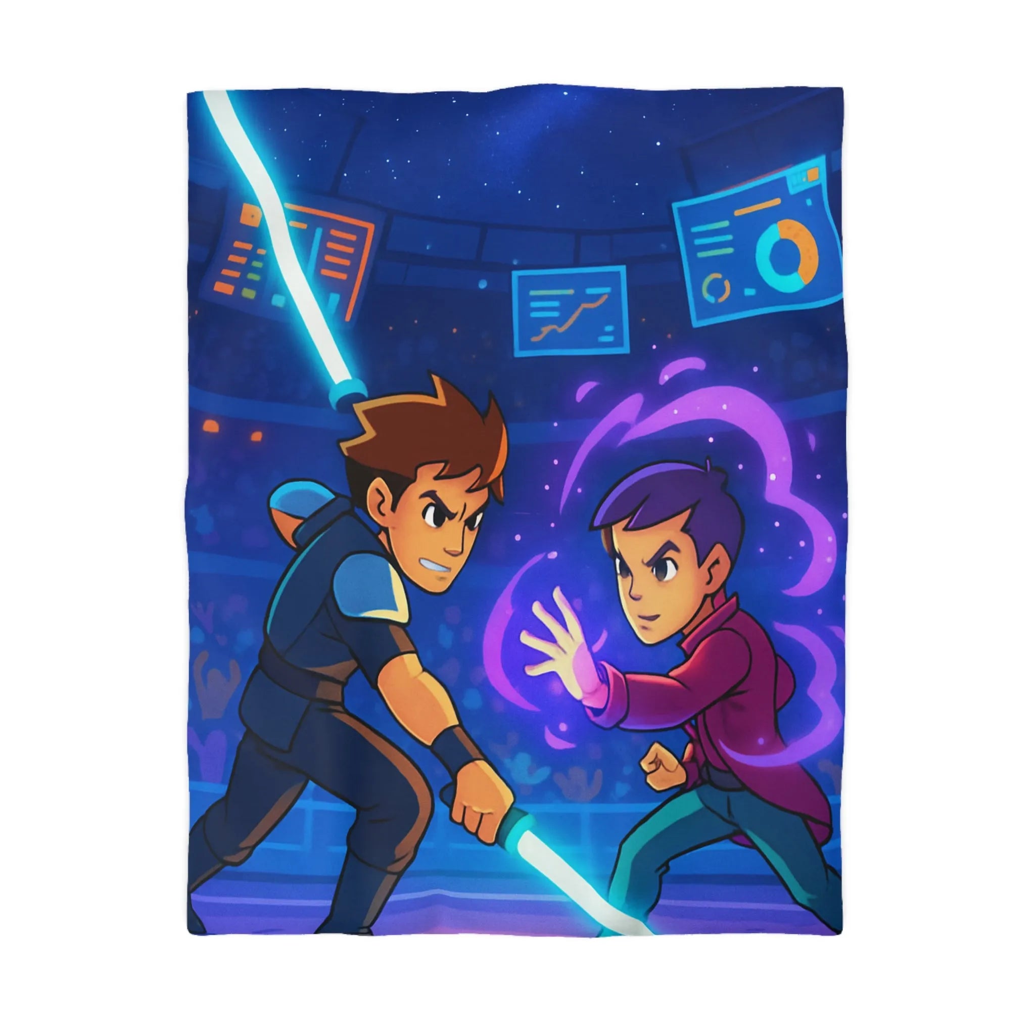 Housse de Couette Enfant Design Combat Futuriste avec Épées Laser et Pouvoirs Magiques