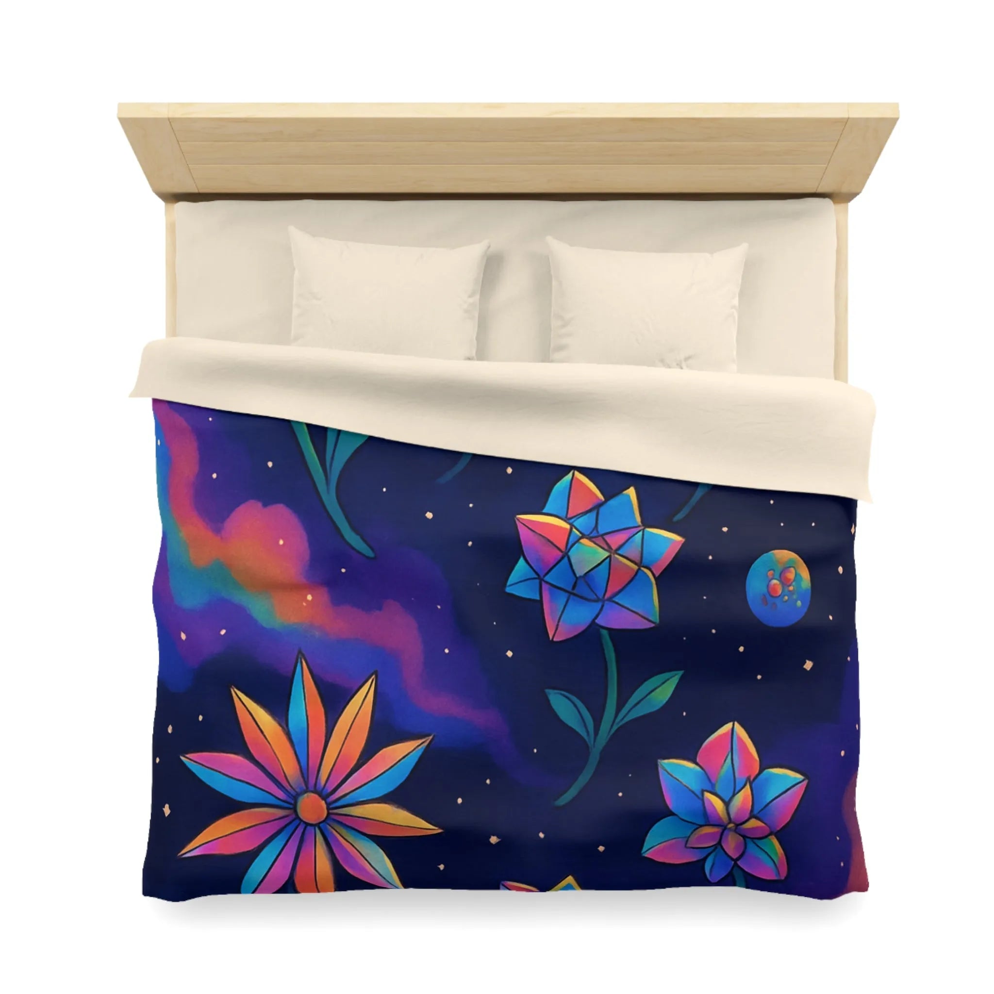 Housse de couette avec des fleurs géométriques aux couleurs cosmiques dans l'espace étoilé