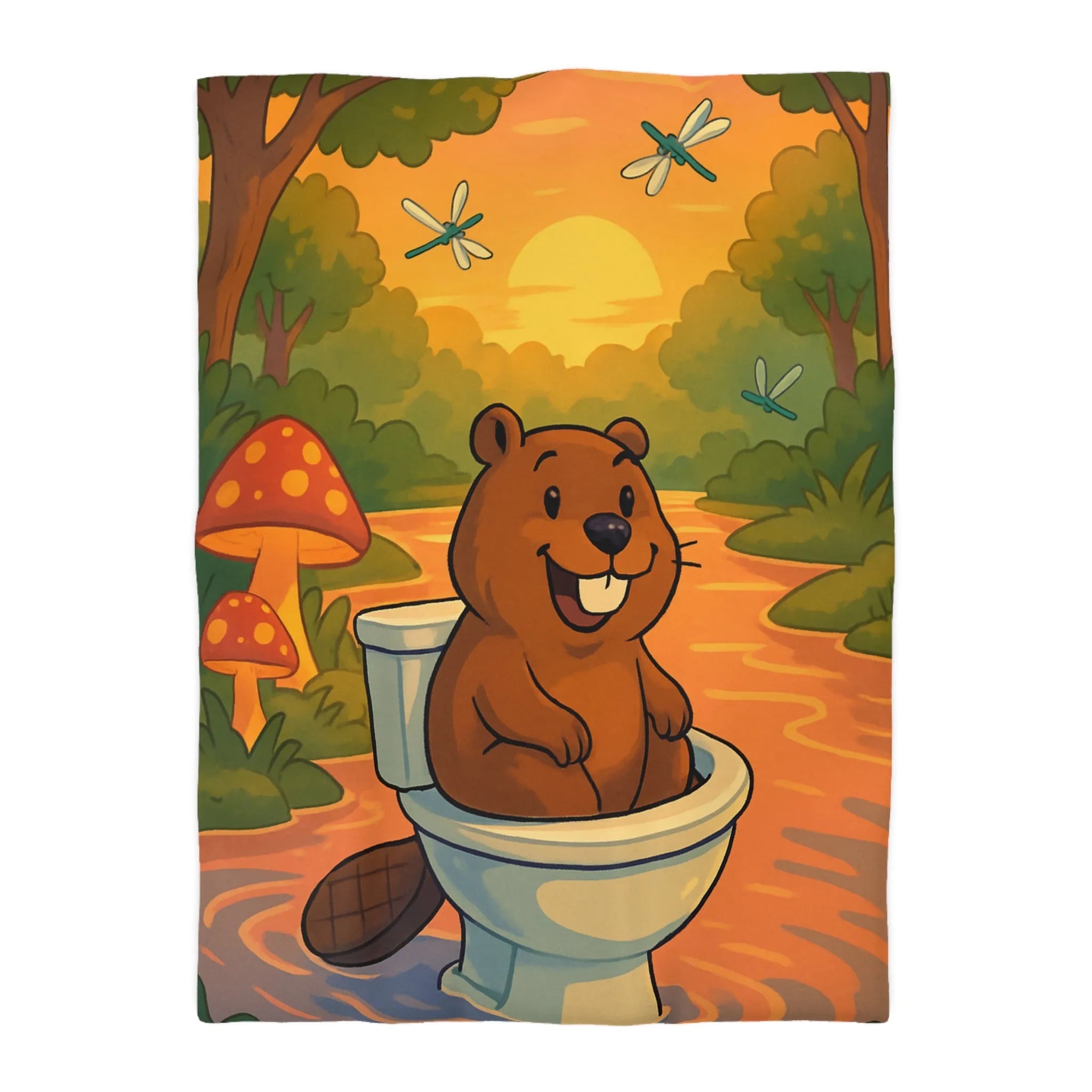 Housse de Couette Enfant Animée avec Castor Amusant et Paysage de Forêt Enchantée