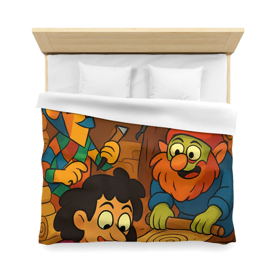 Housse de couette illustrée ambiance atelier fantasy avec gnomes et textures chaleureuses colorées