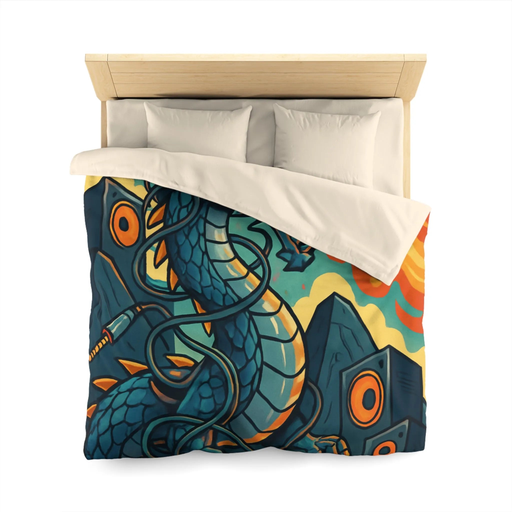 Housse de couette avec dragon fantaisie émettant flammes et musique vibrante rétro