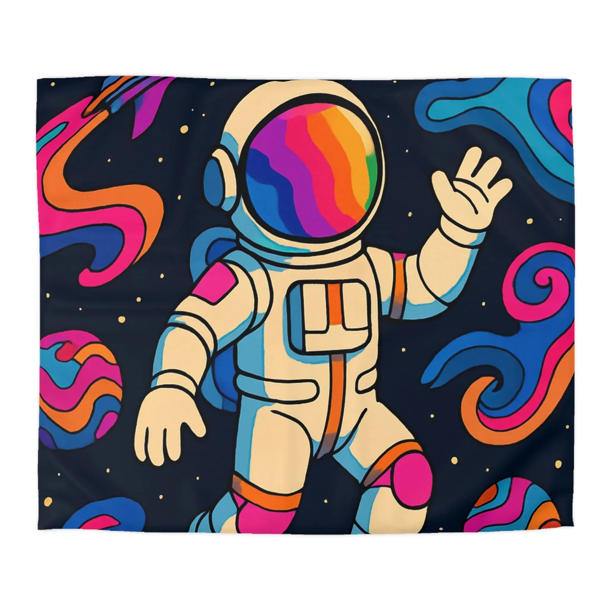 Housse de Couette Astronaute Psychédélique dans l’Espace avec Planètes Colorées et Fusées