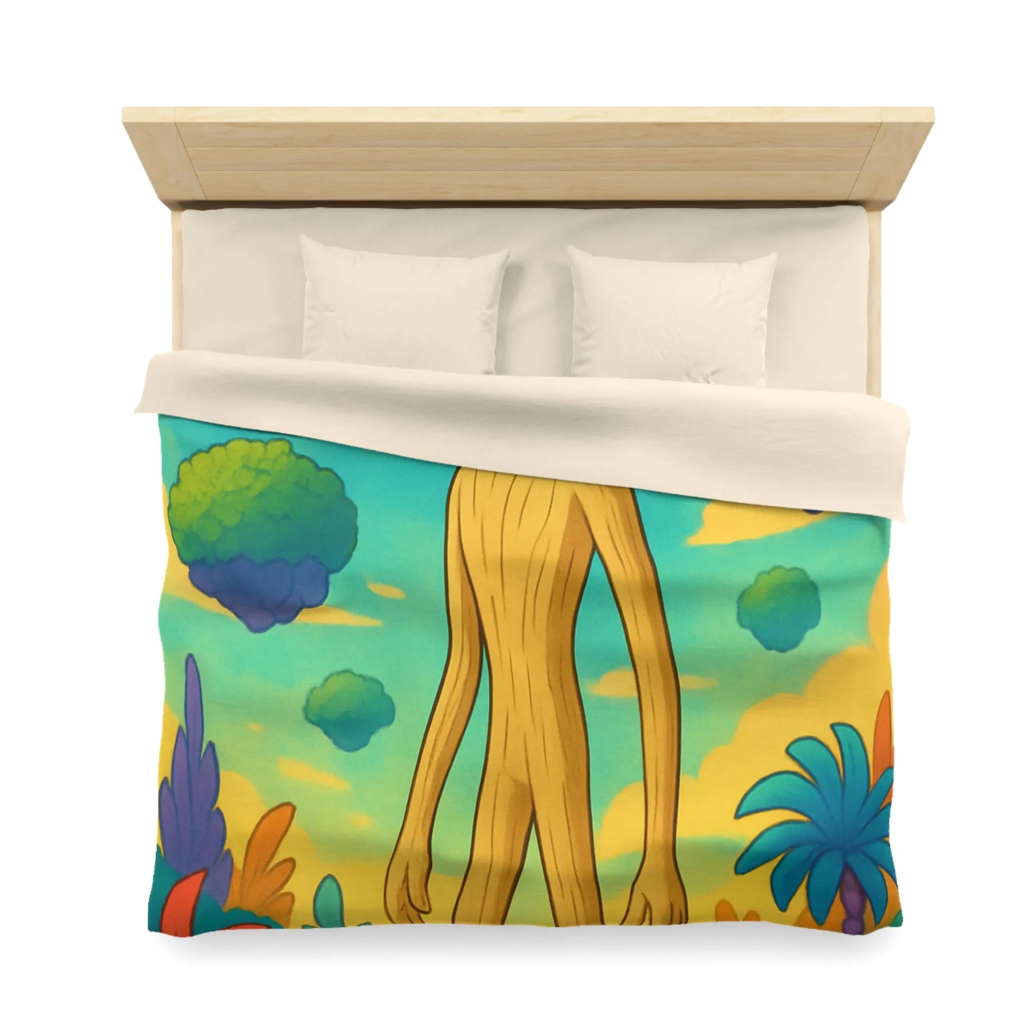 Housse de couette enchanteresse avec paysage coloré, créature en bois et papillons