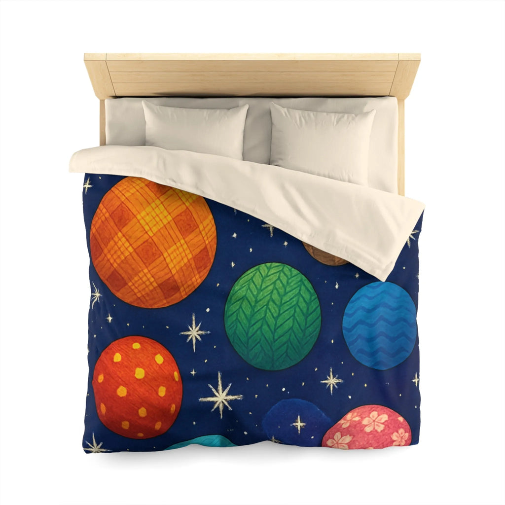 Housse de couette colorée avec planètes texturées, étoiles brillantes et nébuleuse mystique