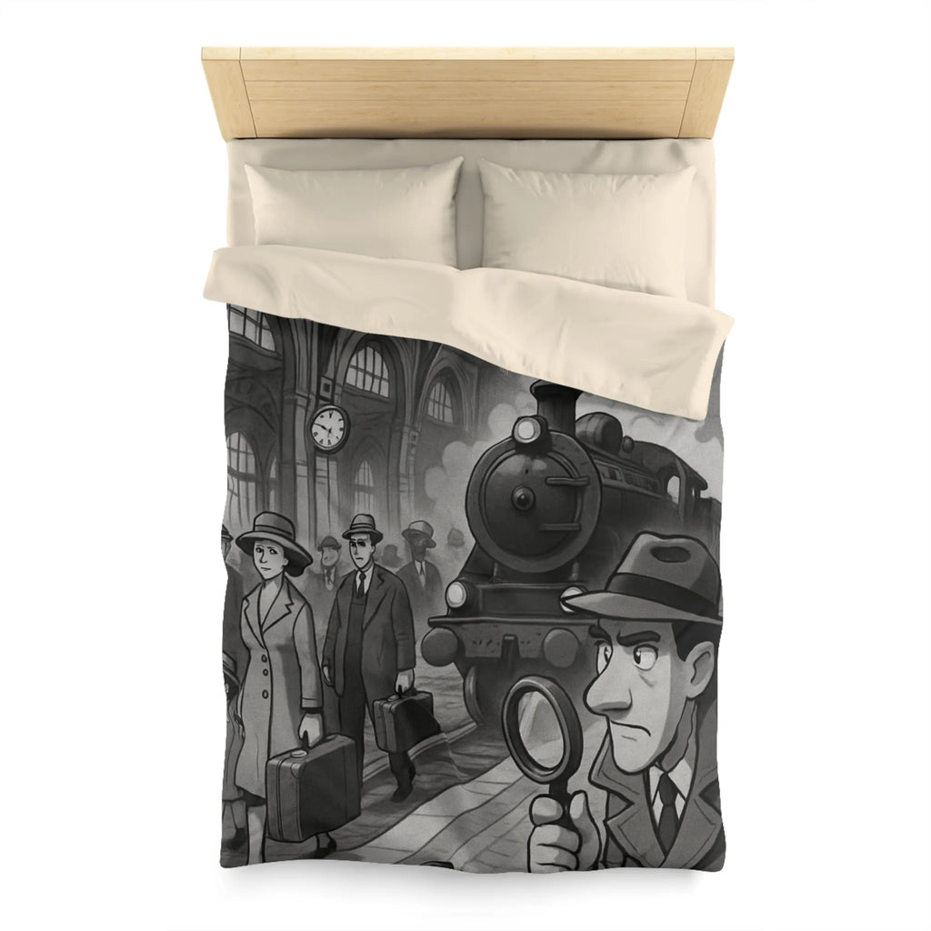 Élégante housse de couette rétro avec train à vapeur et ambiance mystérieuse noir et blanc