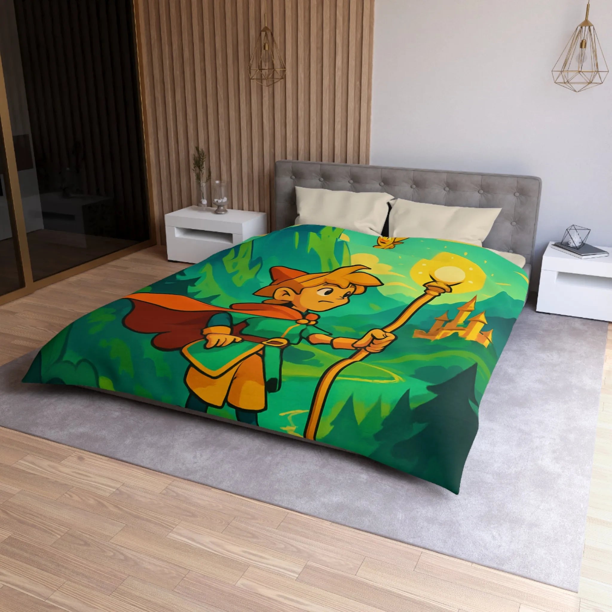 Housse de couette enfant avec illustration magique d'un explorateur et créatures mystiques