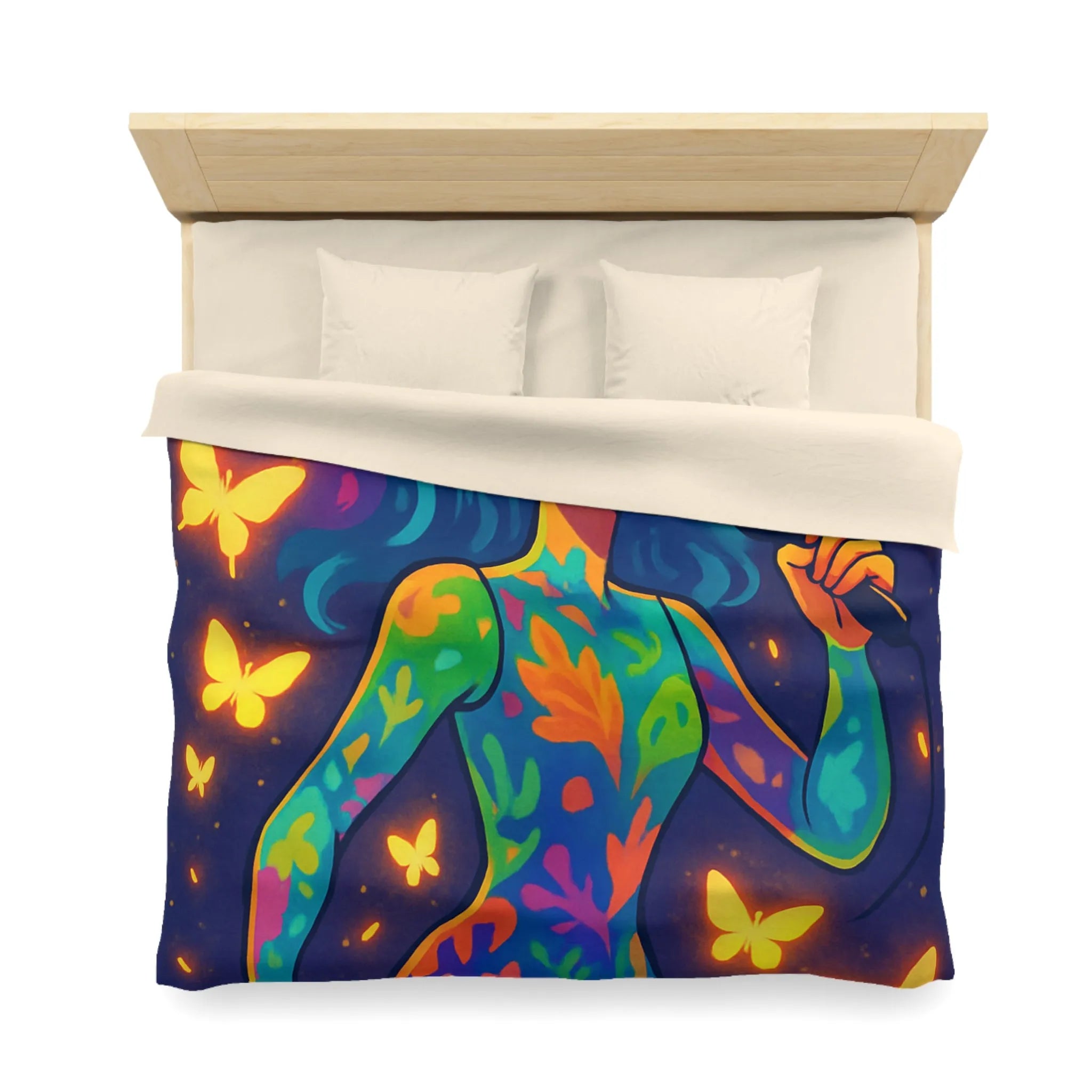 Housse de Couette Colorée : Artiste Chantant Entourée de Papillons Lumineux et Vibrants