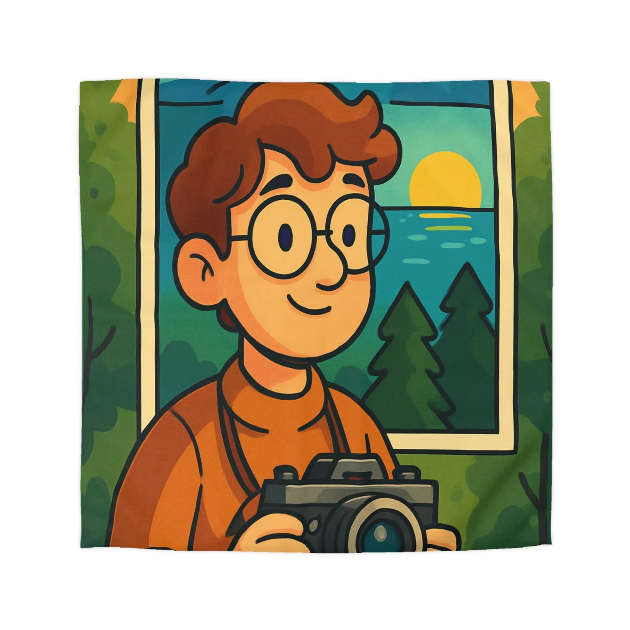 Housse de couette avec illustration vibrante de photographe et paysage montagneux coloré