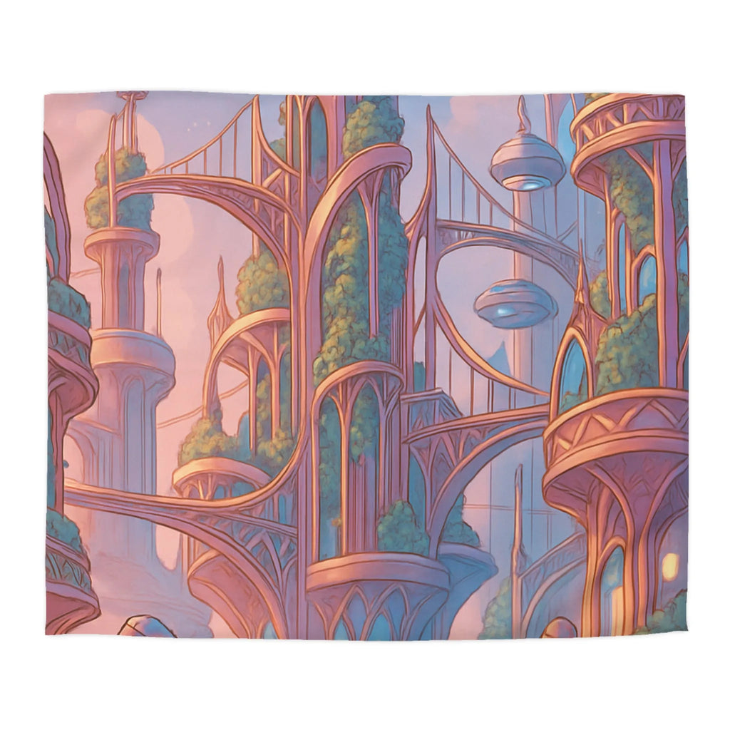 Housse de couette futuriste avec architecture élégante et robots dans tons pastel