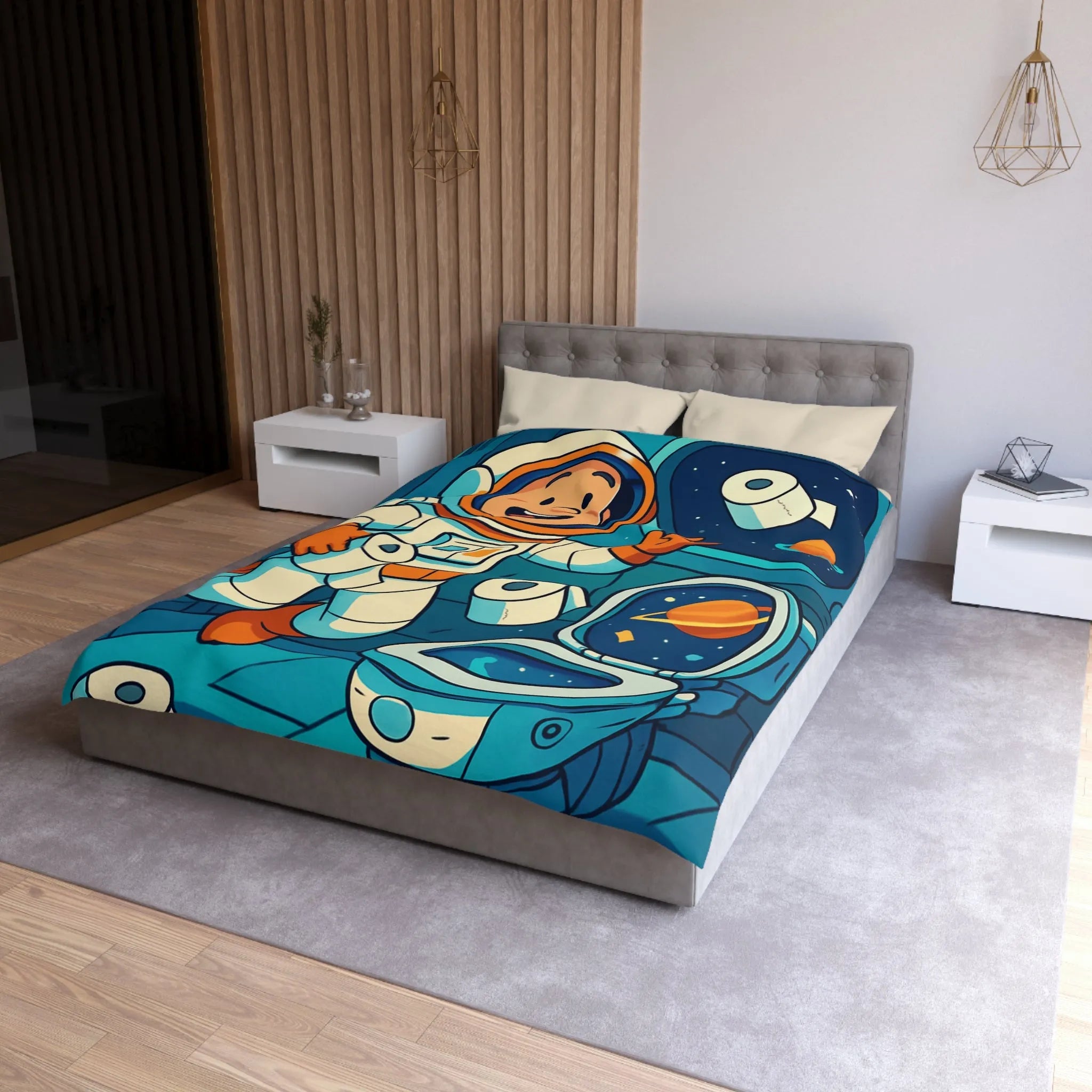 Housse de couette avec astronaute joyeux en cabine spatiale avec rouleaux flottants