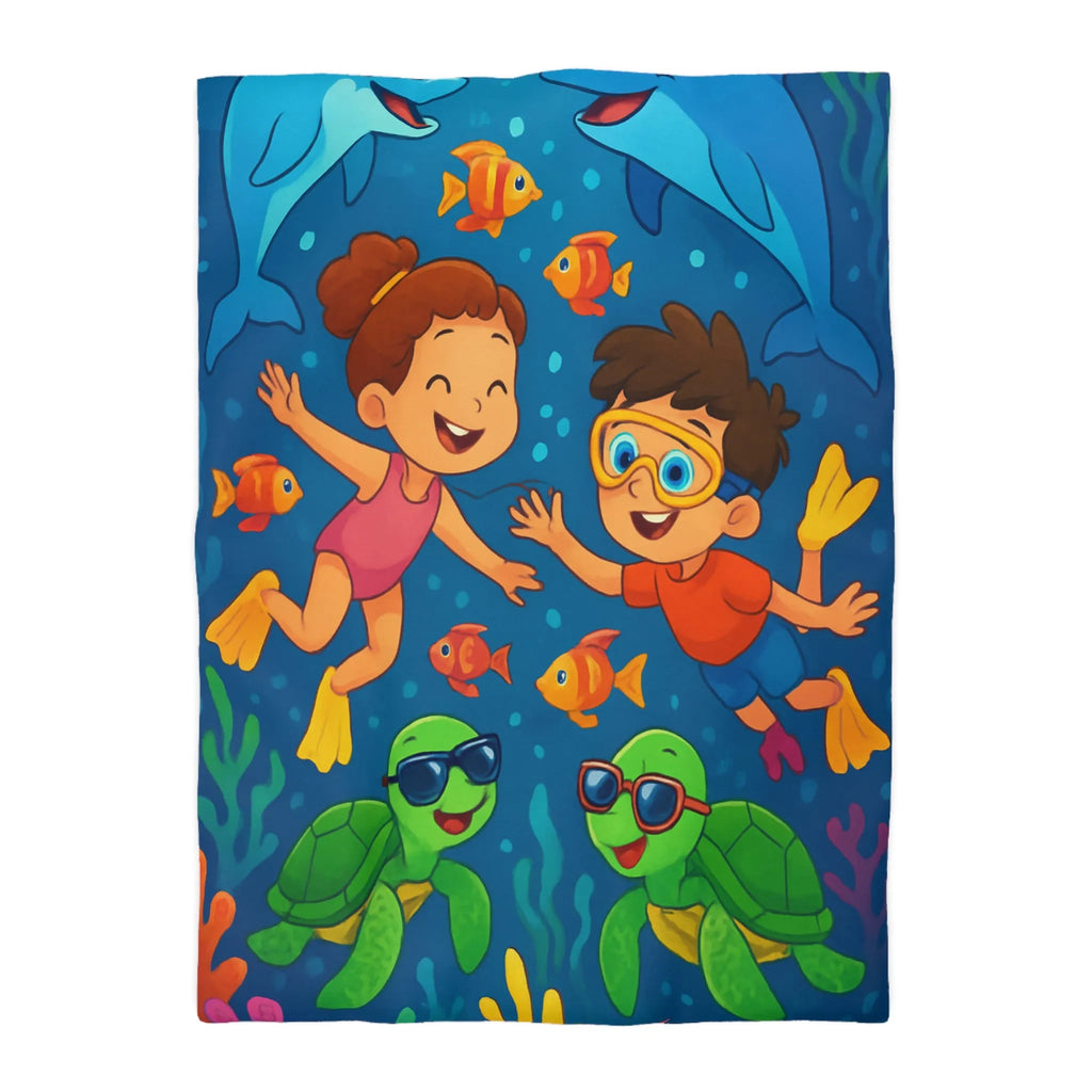 Housse de couette avec enfants nageant joyeusement dans océan vibrant avec animaux marins