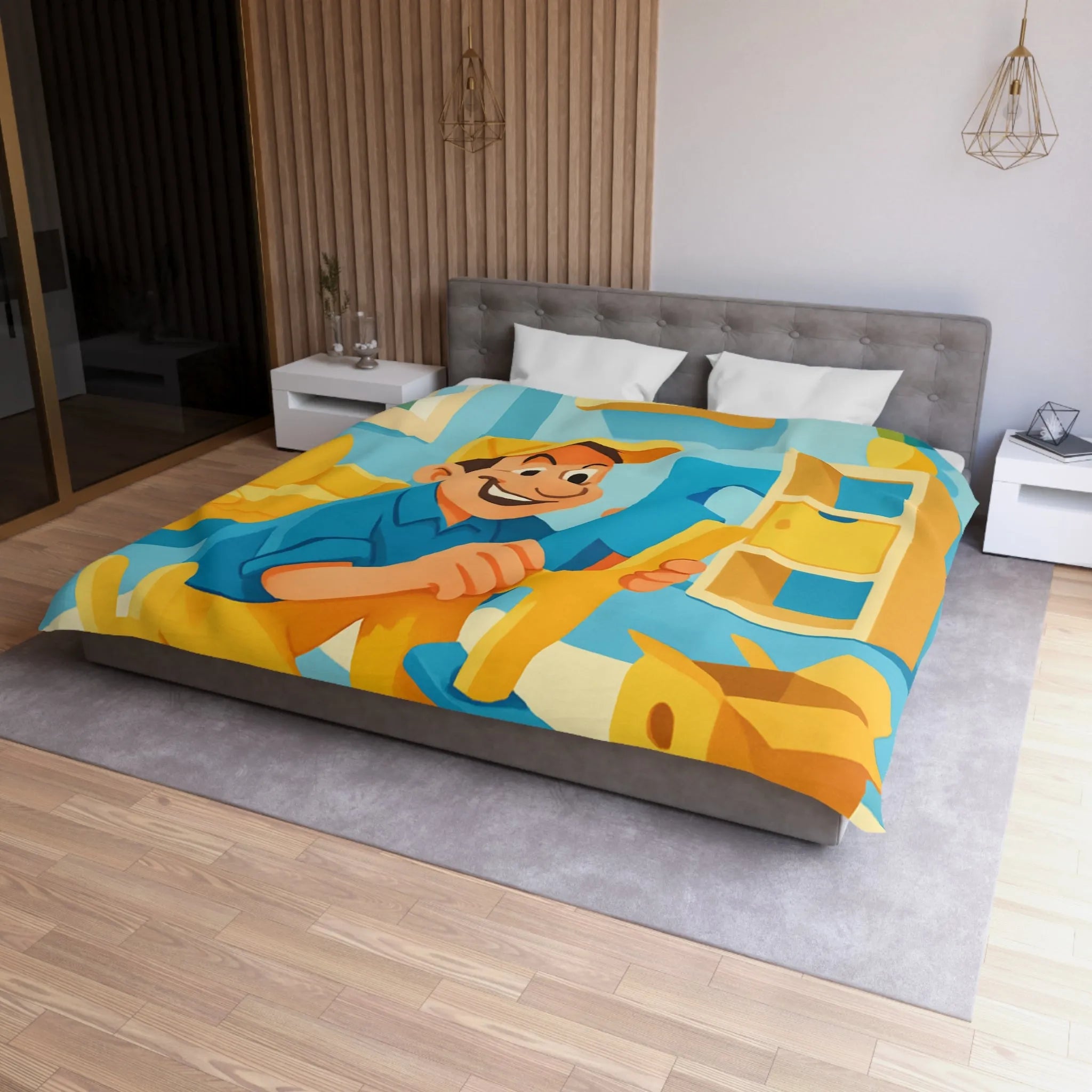 Housse de couette colorée avec personnage joyeux assemblant des jouets dans une pièce ensoleillée