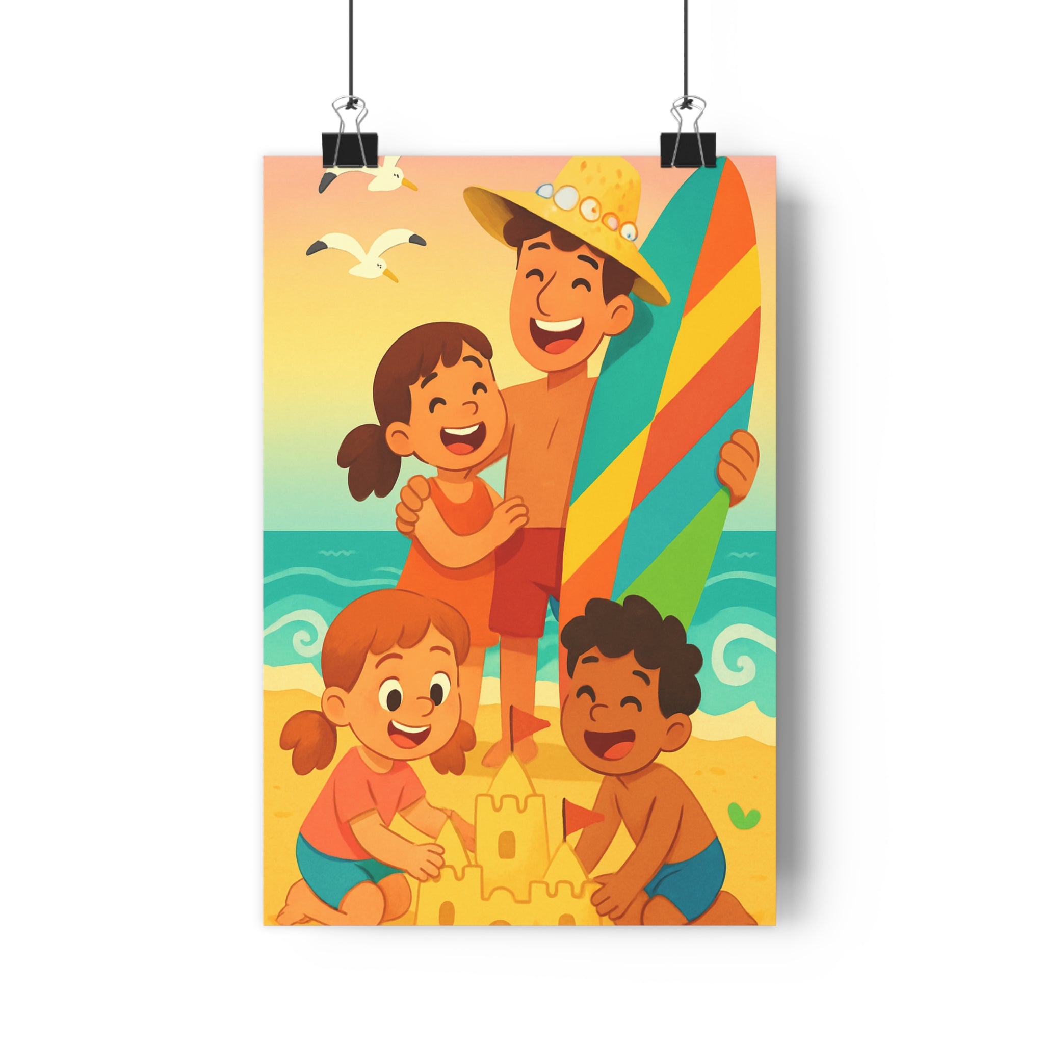Poster décoratif cartoon pastel joyeux plage famille enfants surf chambre murale ambiance estivale chaleureuse