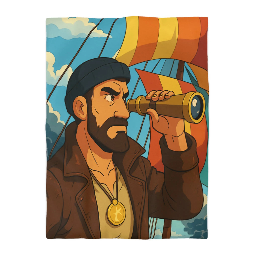 Housse de couette maritime avec explorateur, longue-vue et voiles colorées en mer