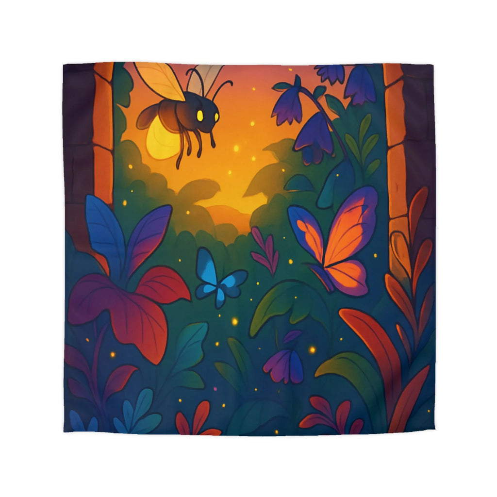 Housse de couette magique avec jardin nocturne illuminé d'insectes lumineux et fleurs vibrantes