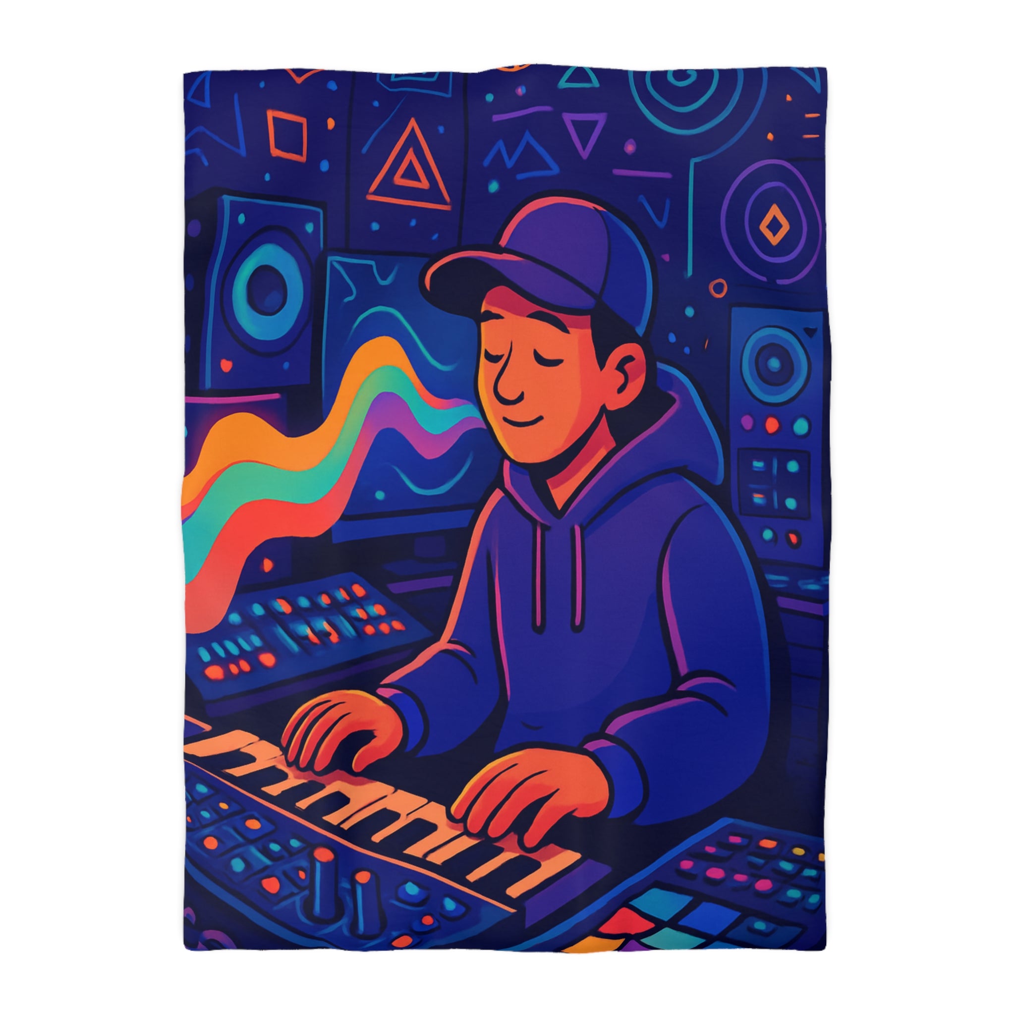 Housse de couette vibrante avec musicien dans un studio coloré et moderne