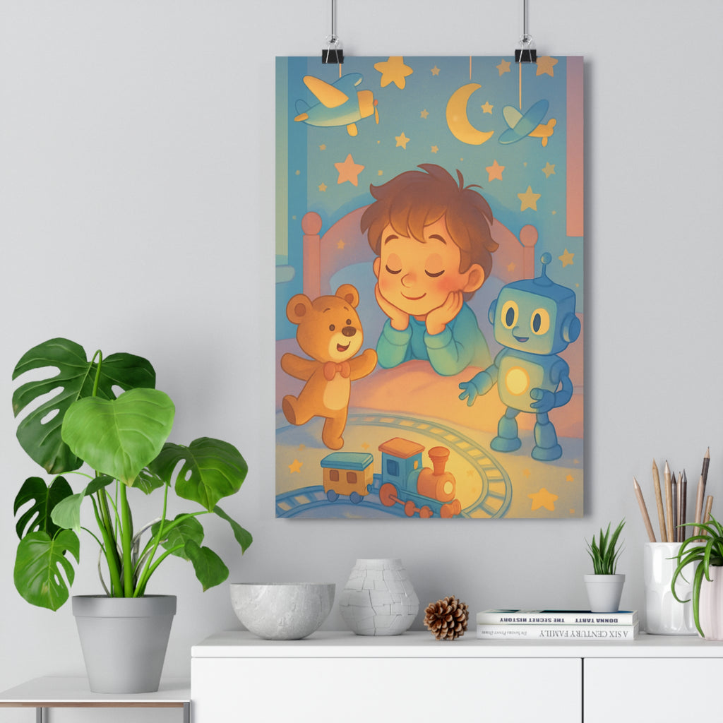 Poster décoratif enfant pastel cartoon joyeux chambre rêveur magique coloré apaisant étoilé train ours