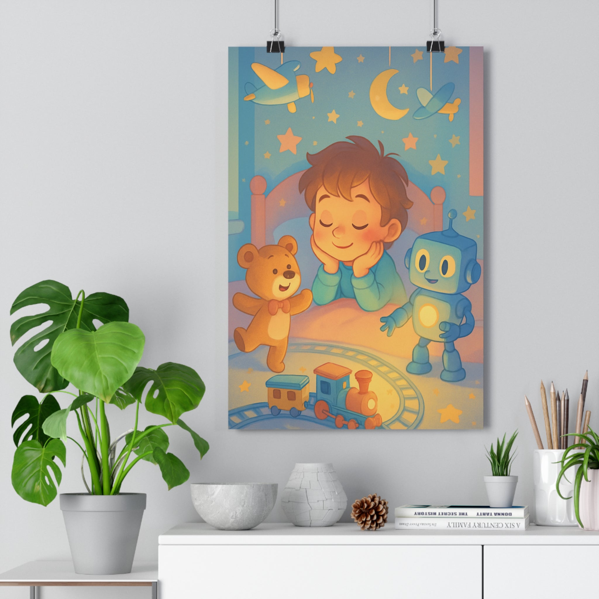 Poster décoratif enfant pastel cartoon joyeux chambre rêveur magique coloré apaisant étoilé train ours