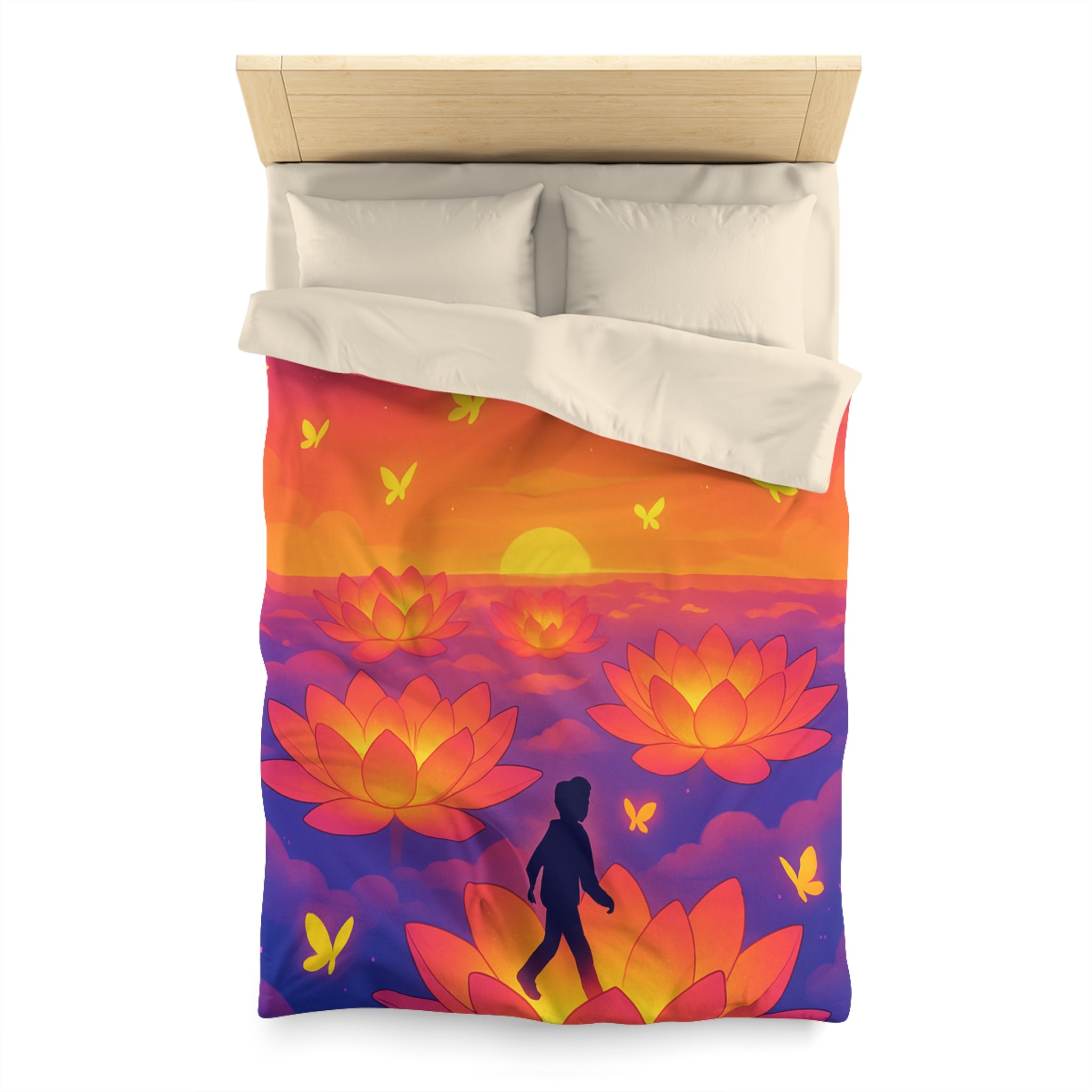 Housse de couette zen : Personne marchant sur fleur de lotus au coucher de soleil